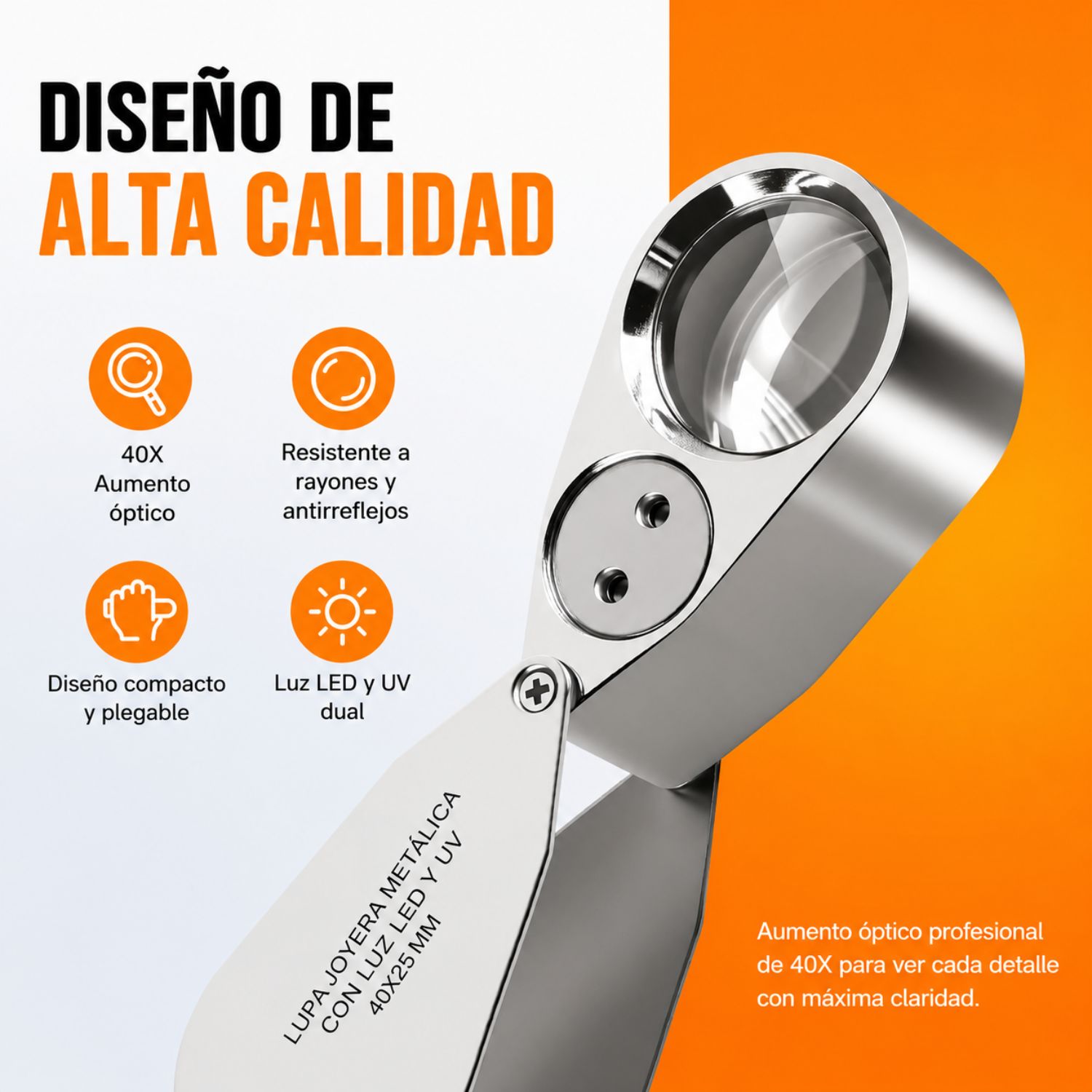 LUPA METÁLICA 40X 25MM CON LUZ LED GEÓLOGO JOYERO LUZ MINERÍA - 4