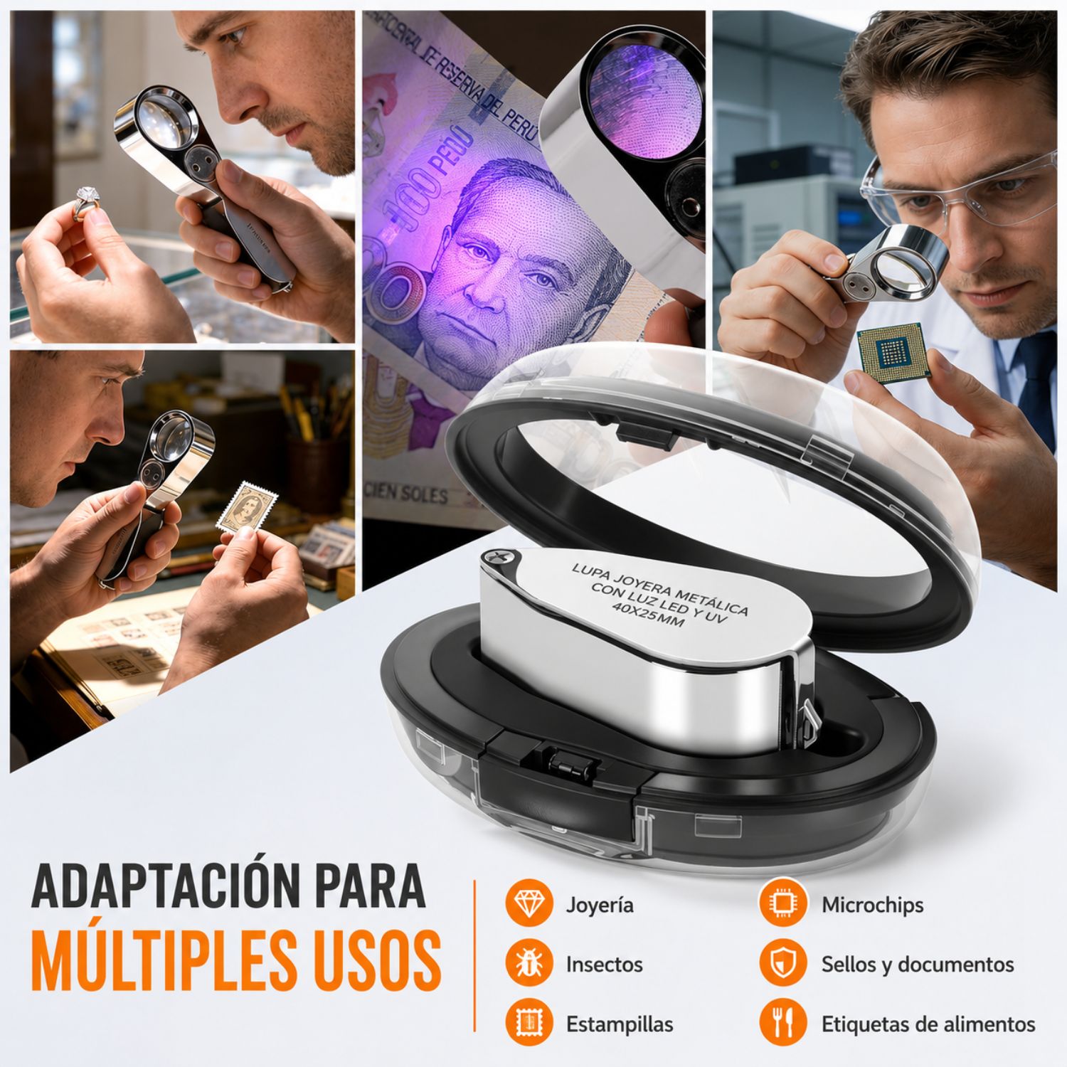 LUPA METÁLICA 40X 25MM CON LUZ LED GEÓLOGO JOYERO LUZ MINERÍA - 7