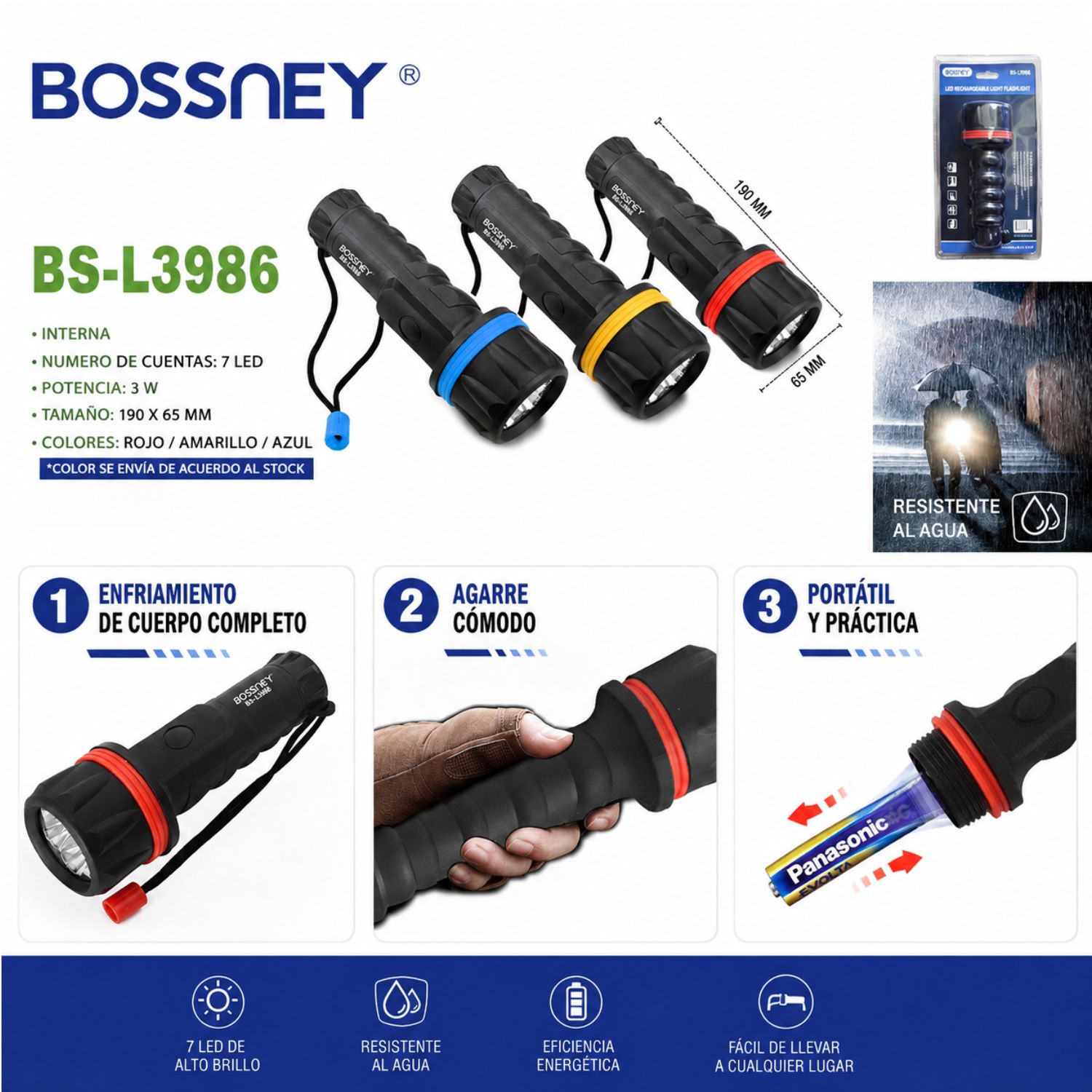 LINTERNA LED 3W RESISTENTE AL AGUA CON 7 LED DE ALTO BRILLO PARA EMERGENCIAS CAMPING PESCA Y USO DIARIO - 8