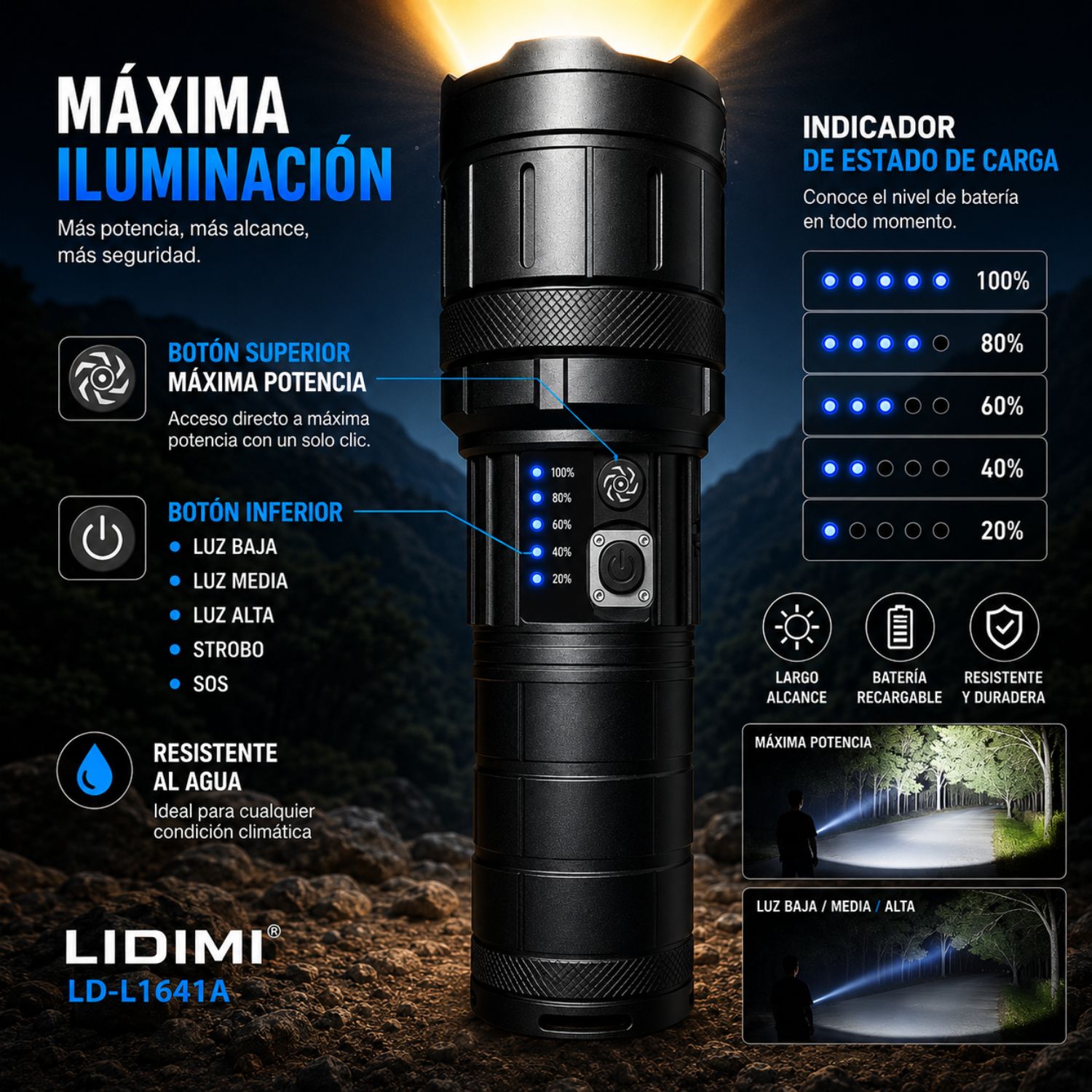 LINTERNA TÁCTICA RECARGABLE 80W 10000MAH LARGO ALCANCE 3000M ZOOM USB-C POWER BANK - 3