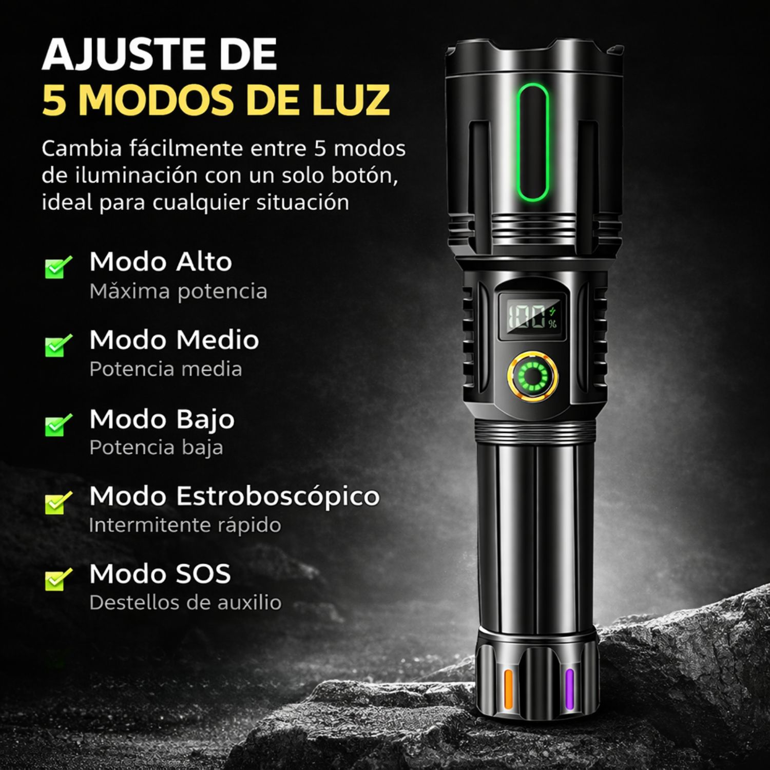 LINTERNA TÁCTICA RECARGABLE LED ALTA POTENCIA 30W ZOOM TELESCÓPICO PANTALLA DIGITAL BATERÍA 5800MAH ALCANCE 3000M - 3