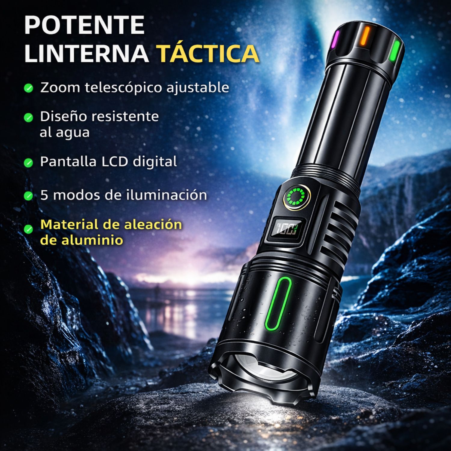 LINTERNA TÁCTICA RECARGABLE LED ALTA POTENCIA 30W ZOOM TELESCÓPICO PANTALLA DIGITAL BATERÍA 5800MAH ALCANCE 3000M - 5