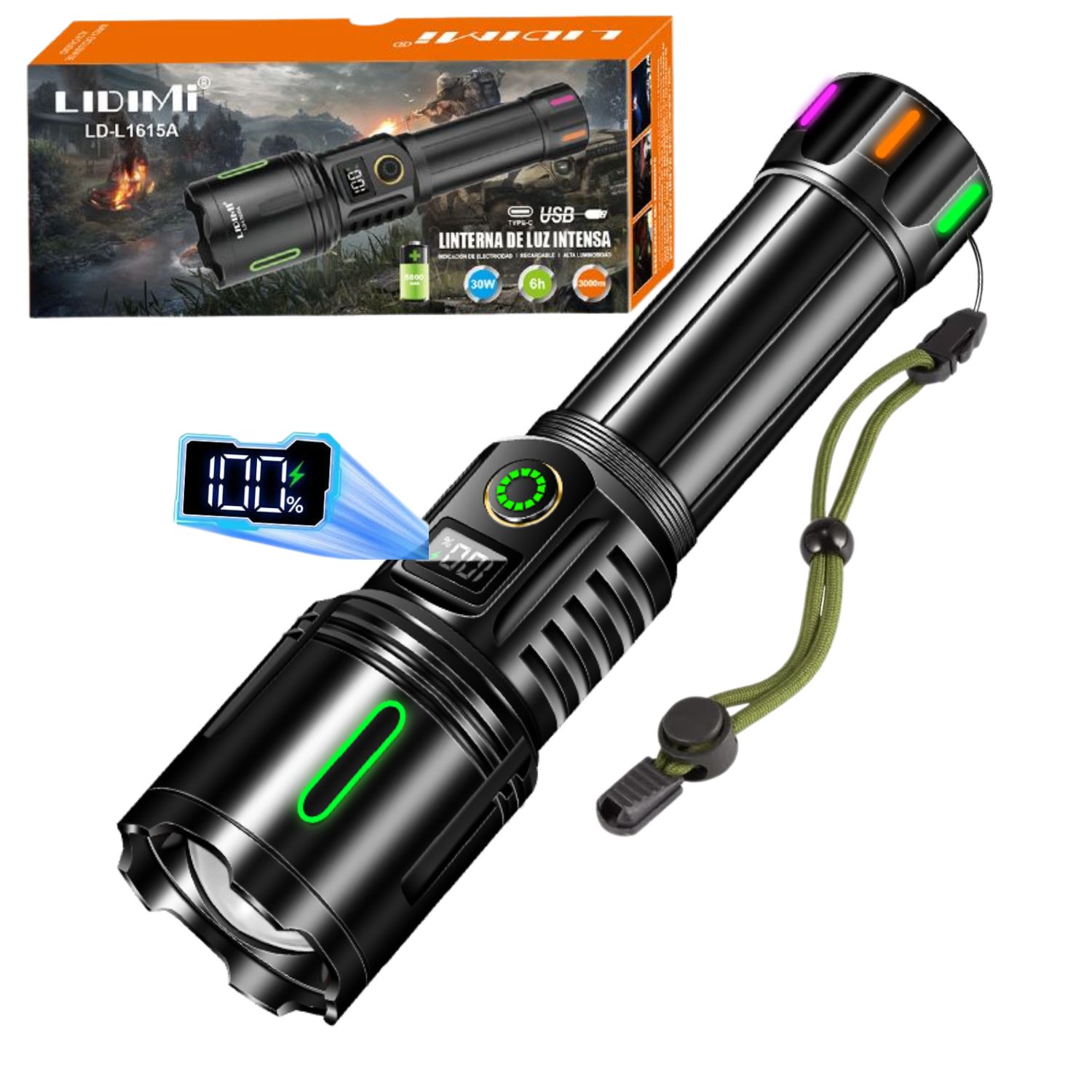 LINTERNA PROFESIONAL RECARGABLE ALTA POTENCIA ZOOM AJUSTABLE PANTALLA DIGITAL BATERÍA 5800MAH - 1