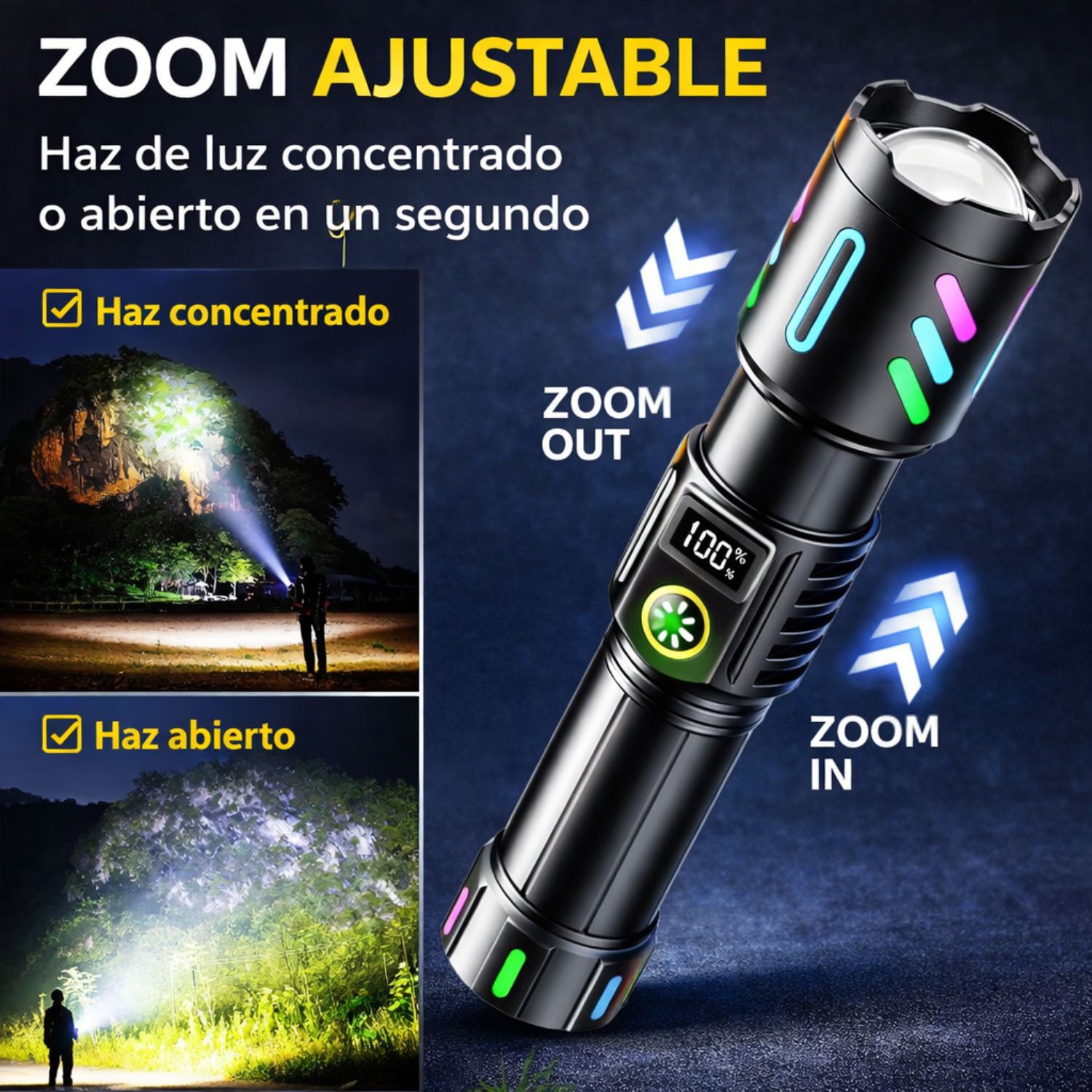 LINTERNA PROFESIONAL RECARGABLE ALTA POTENCIA ZOOM AJUSTABLE PANTALLA DIGITAL BATERÍA 5800MAH - 2