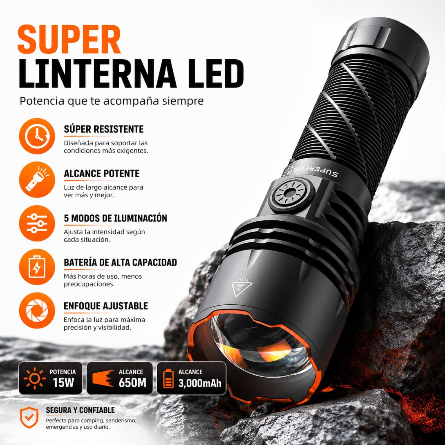 LINTERNA TÁCTICA RECARGABLE 950LM LARGO ALCANCE 650M USB-C CON ZOOM AJUSTABLE Y 5 MODOS - 2