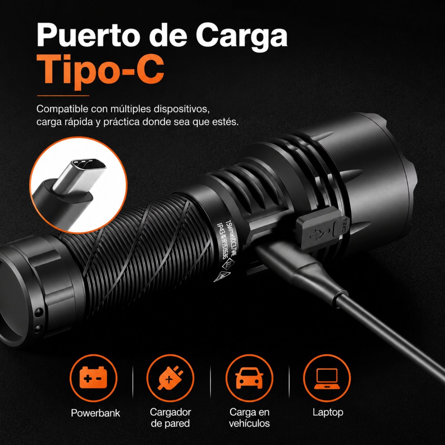 LINTERNA TÁCTICA RECARGABLE 950LM LARGO ALCANCE 650M USB-C CON ZOOM AJUSTABLE Y 5 MODOS - 3