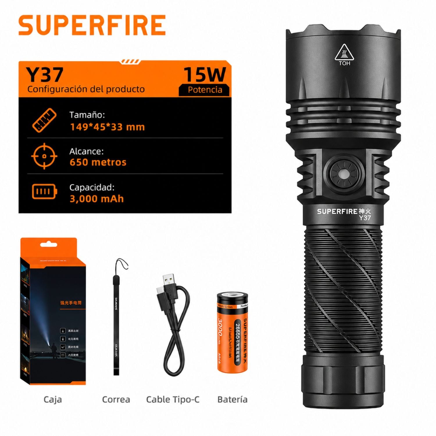 LINTERNA TÁCTICA RECARGABLE 950LM LARGO ALCANCE 650M USB-C CON ZOOM AJUSTABLE Y 5 MODOS - 9