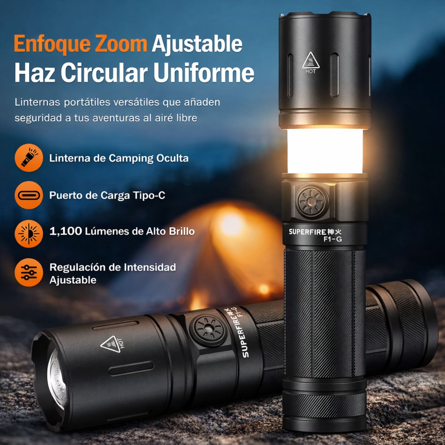 LINTERNA TÁCTICA RECARGABLE USB C ZOOM ALTA POTENCIA CON LUZ CAMPING EMERGENCIAS Y ACTIVIDADES OUTDOOR - 2