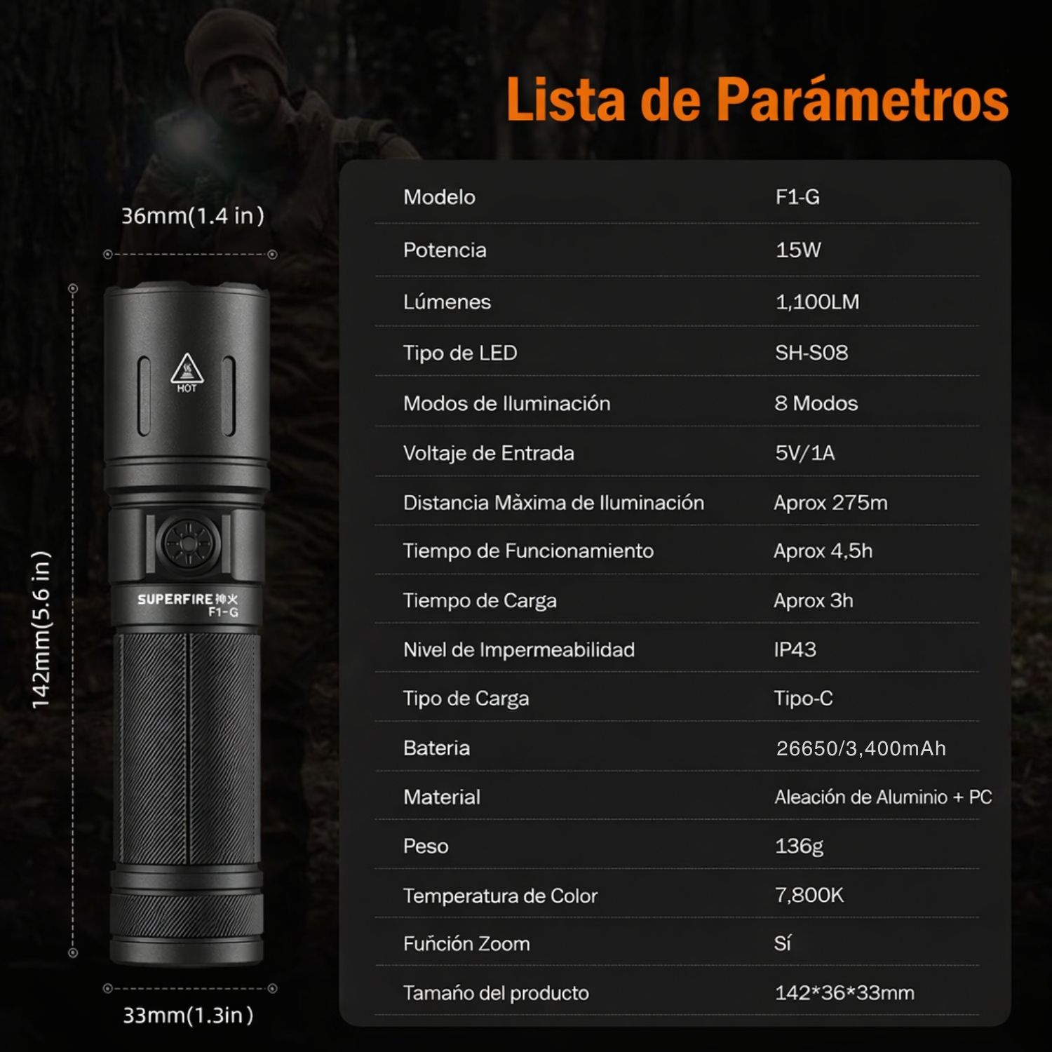 LINTERNA TÁCTICA RECARGABLE USB C ZOOM ALTA POTENCIA CON LUZ CAMPING EMERGENCIAS Y ACTIVIDADES OUTDOOR - 8