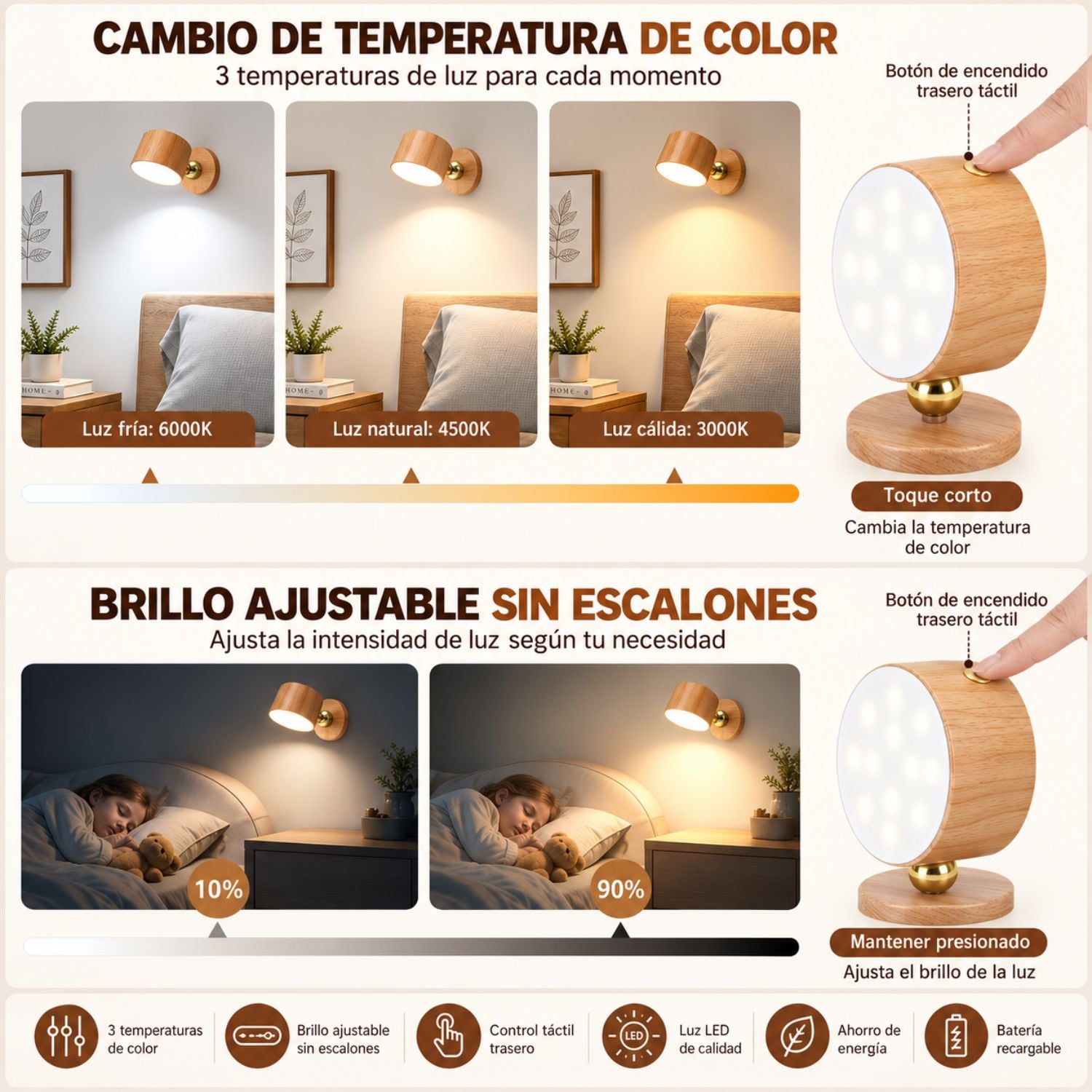 PACK 2 APLIQUES DE PARED LED RECARGABLES MAGNÉTICOS 360° USB-C CON BRILLO REGULABLE - 5