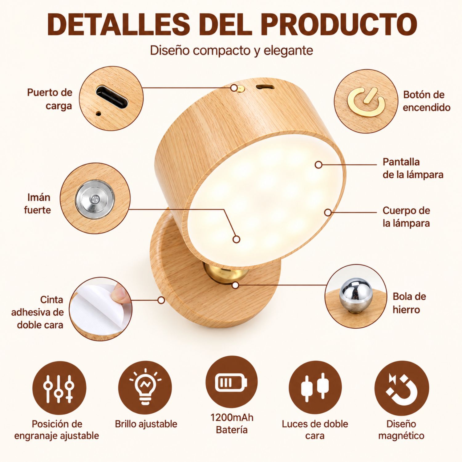 2 LÁMPARAS LED DE PARED RECARGABLES TÁCTILES 1200MAH USB-C 3 TONOS ACABADO MADERA - 3