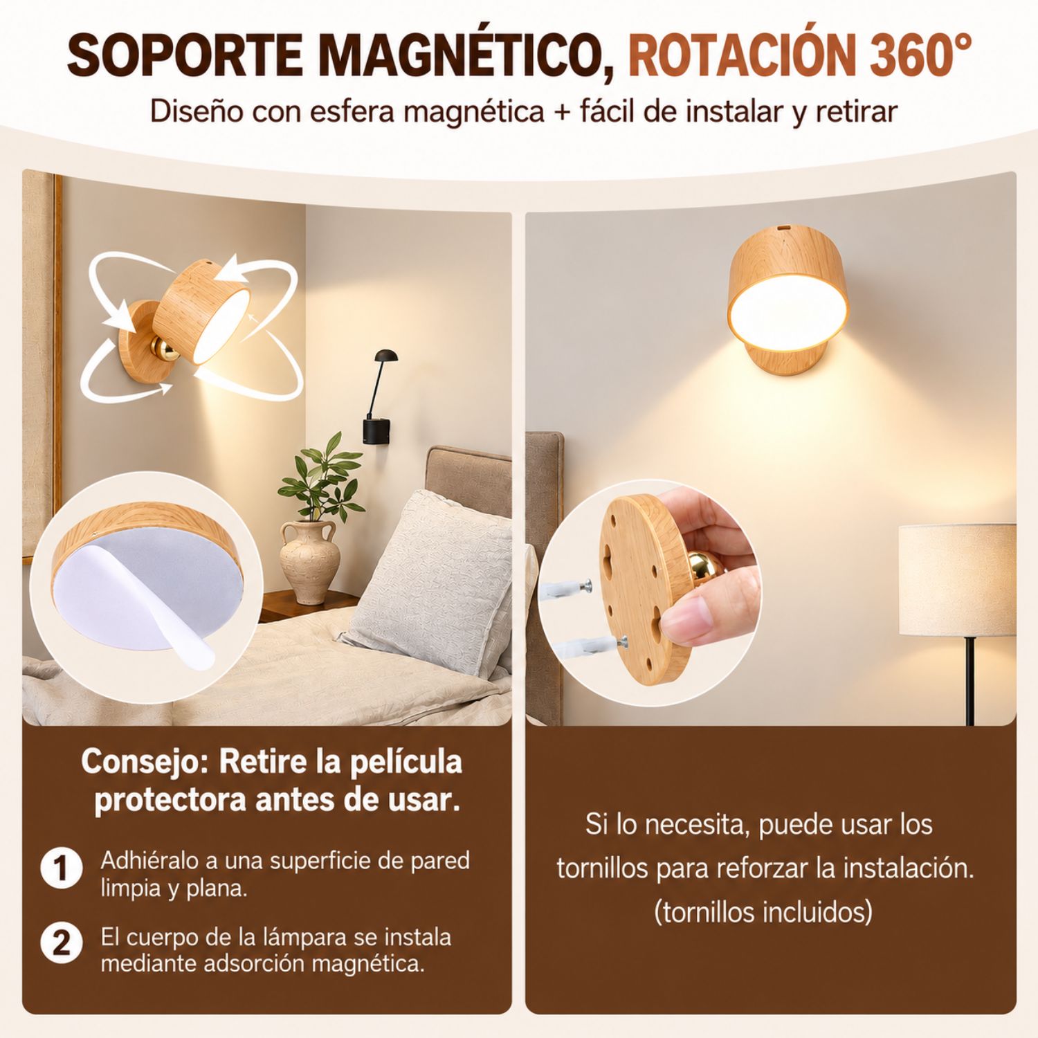 2 LÁMPARAS LED DE PARED RECARGABLES TÁCTILES 1200MAH USB-C 3 TONOS ACABADO MADERA - 4