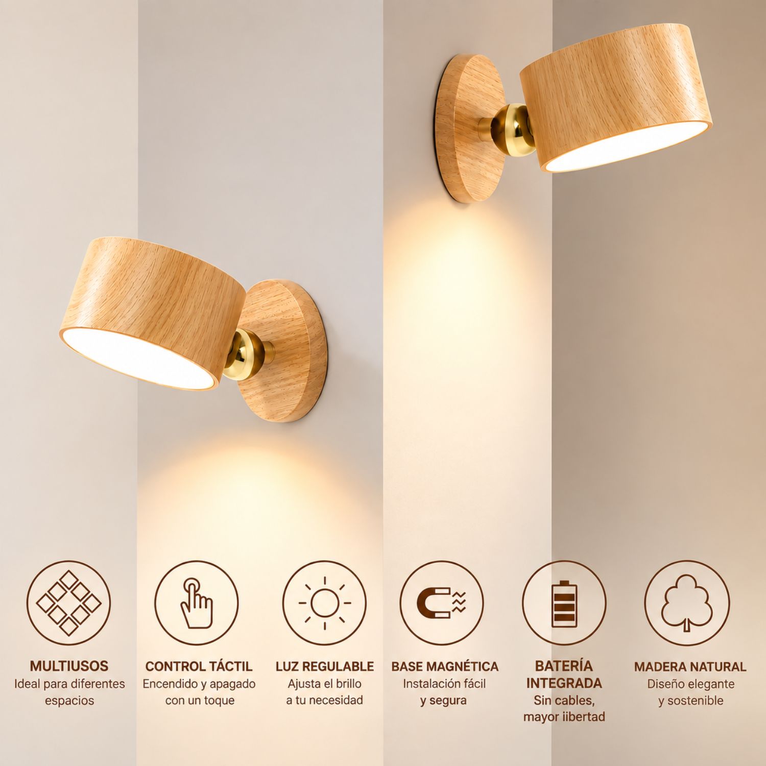 2 LÁMPARAS DE PARED LED INALÁMBRICAS MAGNÉTICAS USB-C 3 TONOS CON BRILLO REGULABLE - 2