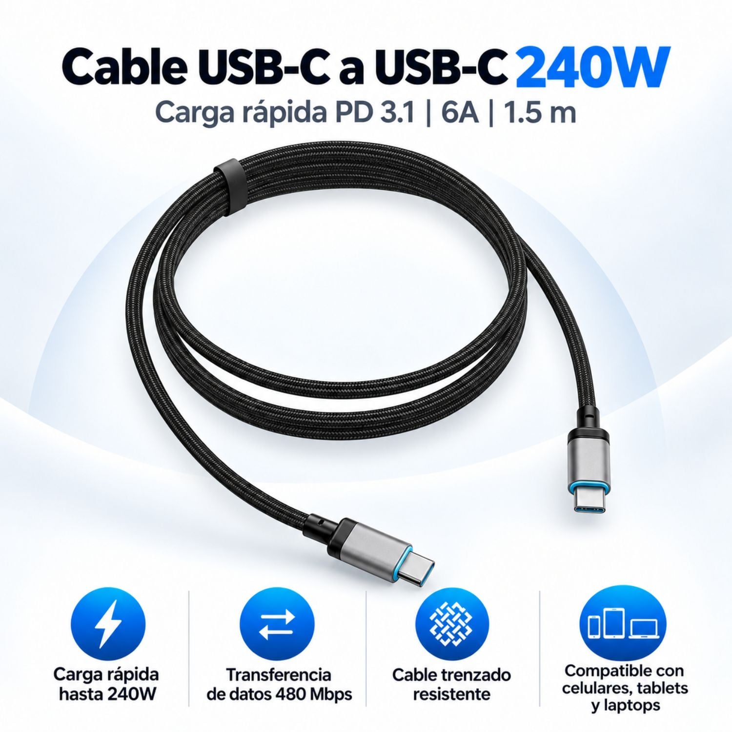 CABLE CARGA RÁPIDA USB-C A USB-C 240W 6A KEVLAR 1000D E-MARKER 1.5M - 2