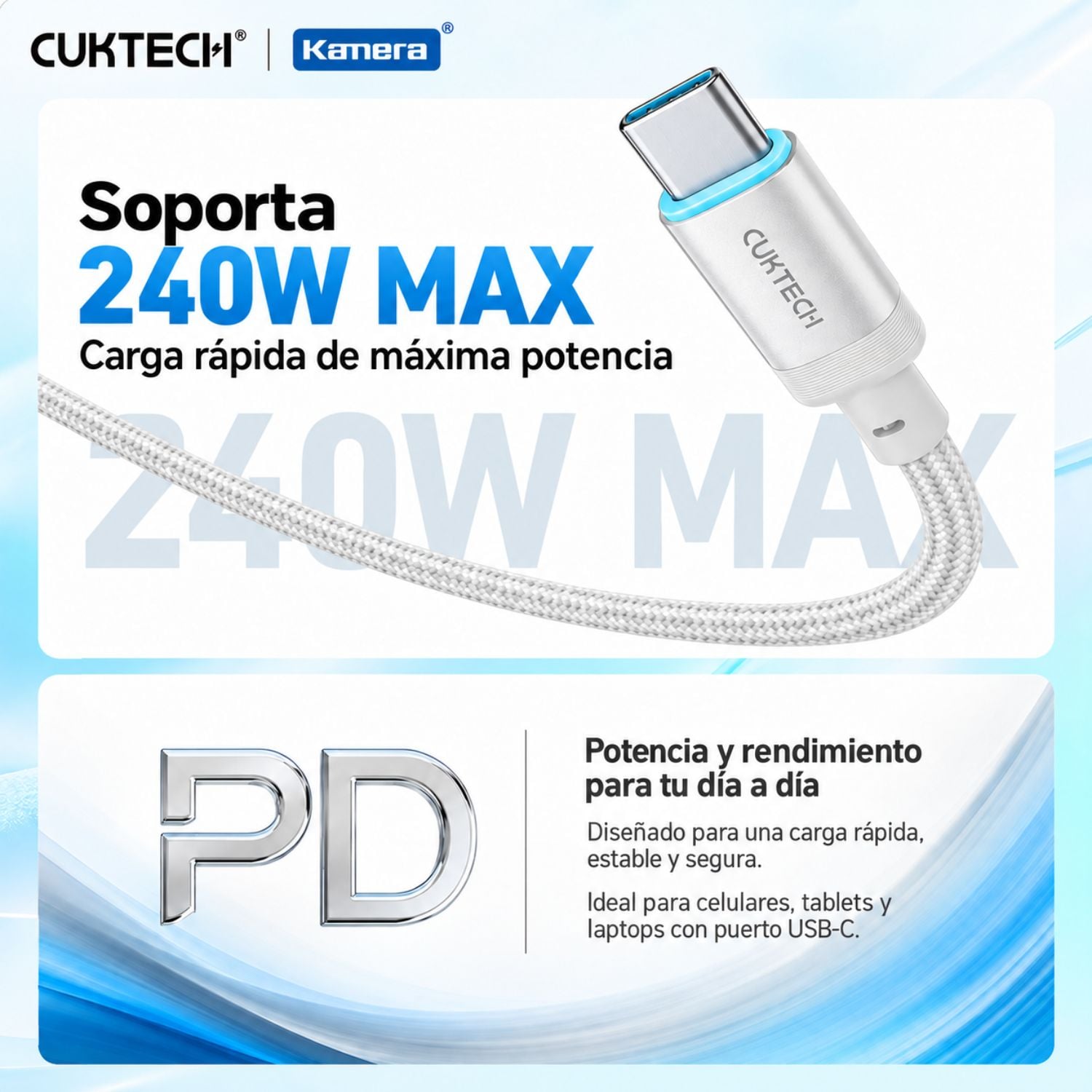 CABLE CUKTECH CTC615W USB-C A USB-C 240W PD 3.1 6A TRENZADO KEVLAR 1.5M - 3