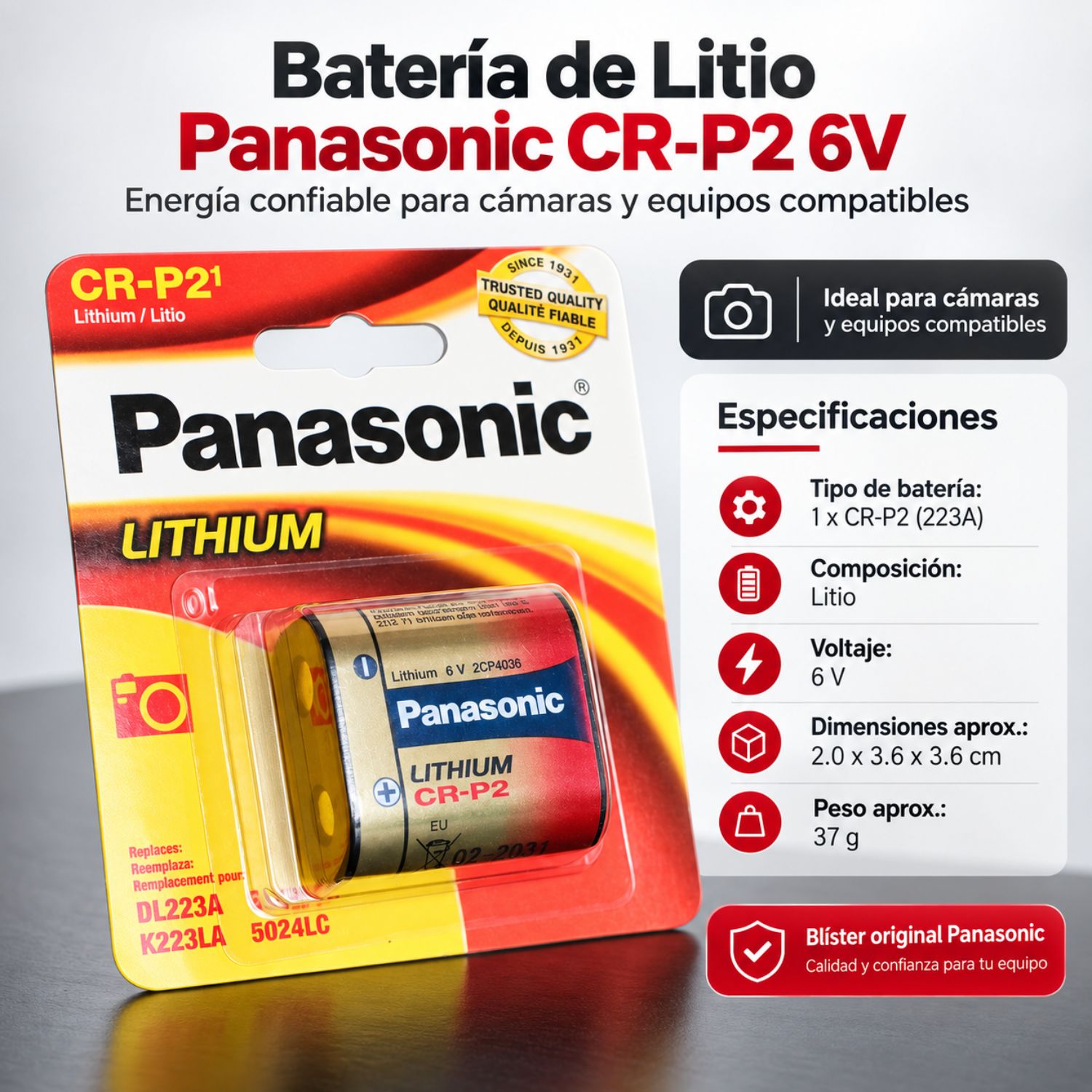 BATERÍA PANASONIC CR-P2 6V 223A LITIO DL223A K223LA - 2