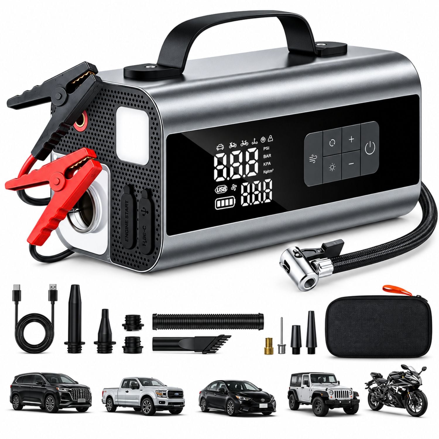 ARRANCADOR DE AUTO 12V 2000A CON INFLADOR 160PSI, ASPIRADORA Y POWER BANK 10000MAH - 1