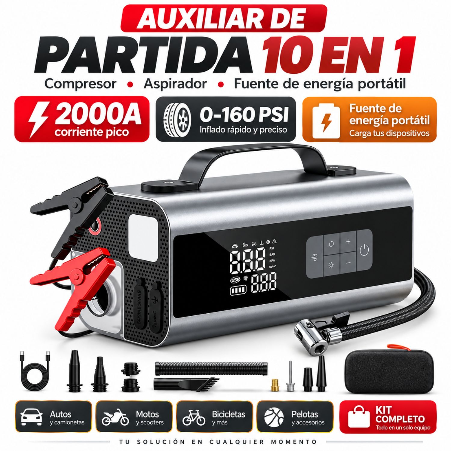 ARRANCADOR DE AUTO 12V 2000A CON INFLADOR 160PSI, ASPIRADORA Y POWER BANK 10000MAH - 2