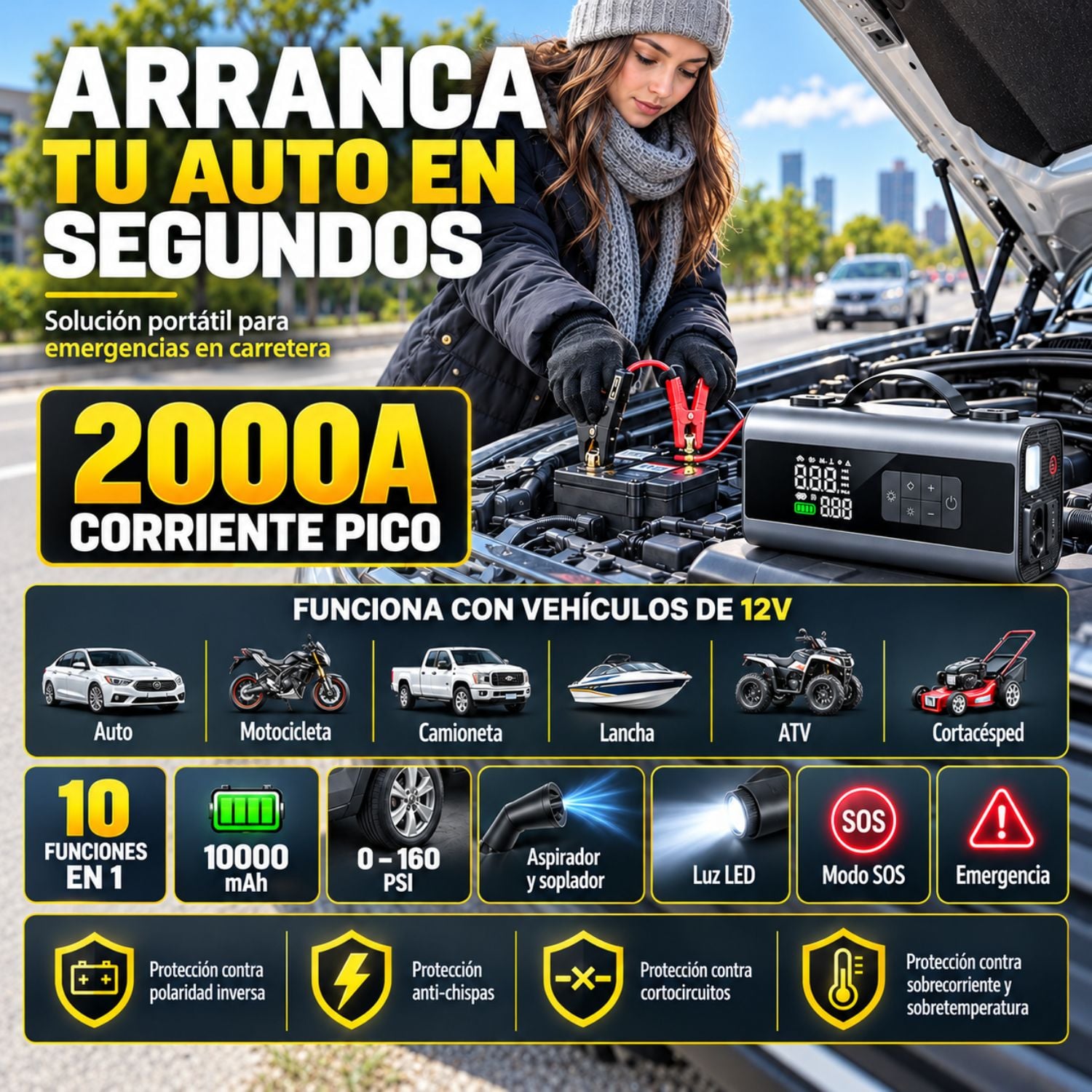 ARRANCADOR DE AUTO 12V 2000A CON INFLADOR 160PSI, ASPIRADORA Y POWER BANK 10000MAH - 3