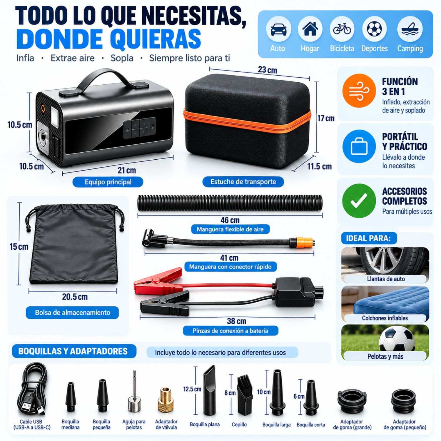 ARRANCADOR DE AUTO 12V 2000A CON INFLADOR 160PSI, ASPIRADORA Y POWER BANK 10000MAH - 7