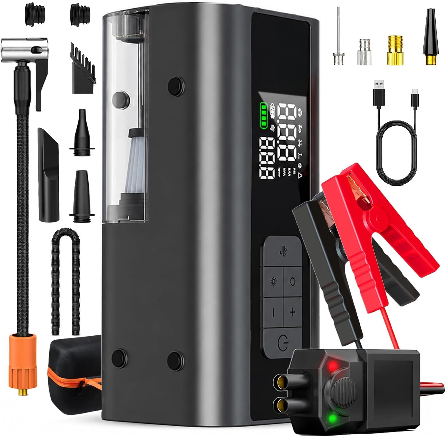 Arrancador de Batería 12V 2000A con Inflador Digital 160PSI, Aspiradora, Soplador y Luz de Emergencia - 1