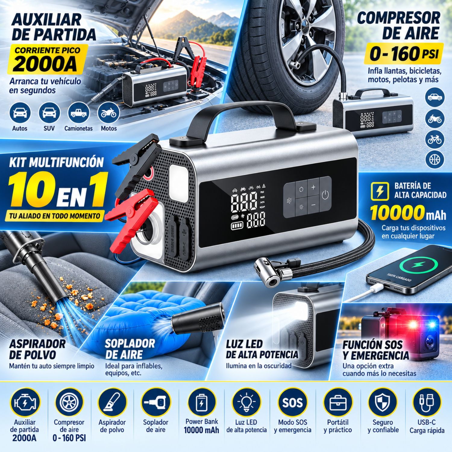 Arrancador de Batería 12V 2000A con Inflador Digital 160PSI, Aspiradora, Soplador y Luz de Emergencia - 4