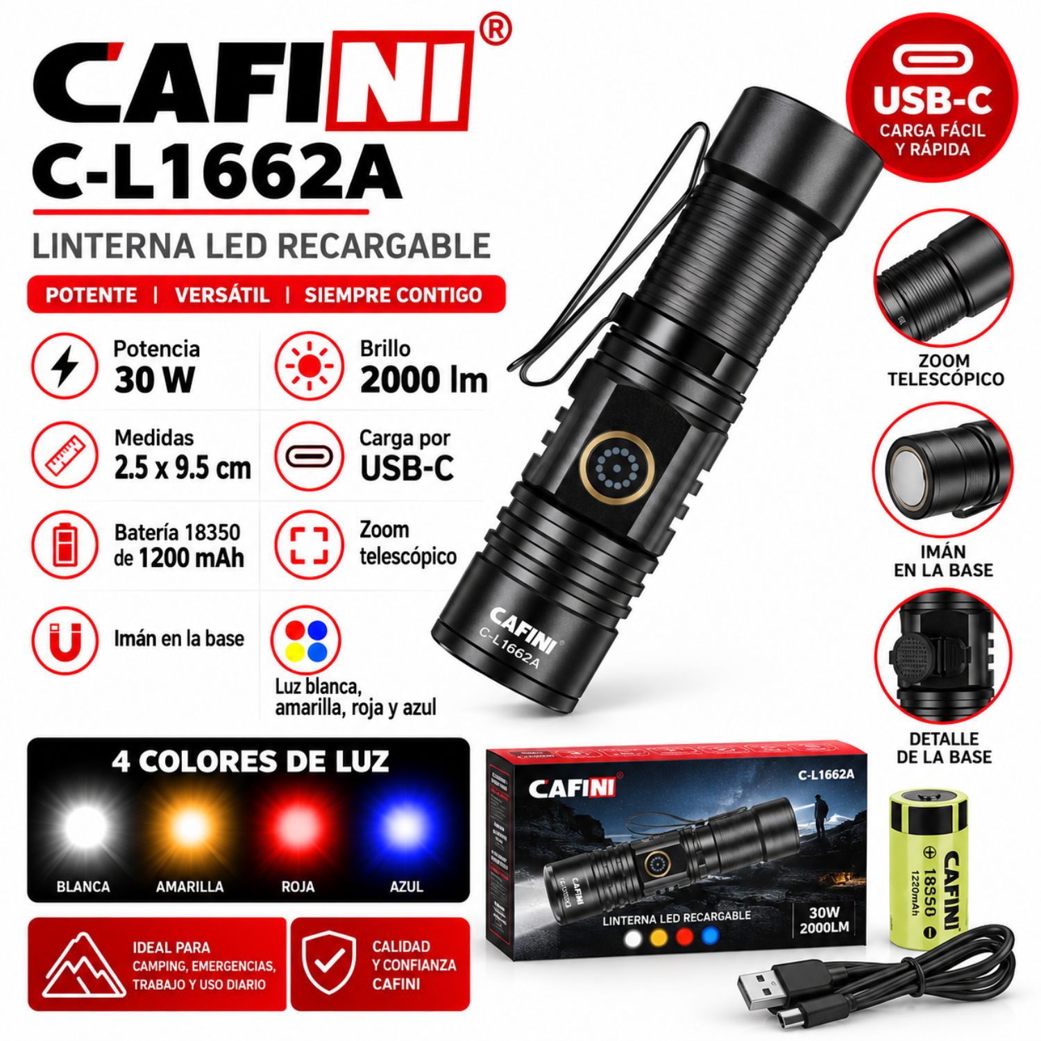 MINI LINTERNA LED RECARGABLE 30W 2000LM USB-C CON IMÁN, CLIP Y 5 MODOS DE LUZ PARA CAMPING Y TRABAJO - 2