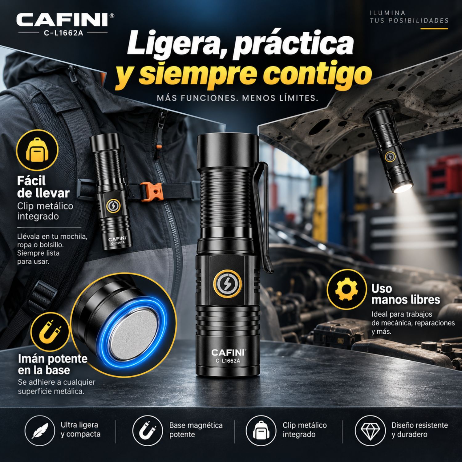 MINI LINTERNA LED RECARGABLE 30W 2000LM USB-C CON IMÁN, CLIP Y 5 MODOS DE LUZ PARA CAMPING Y TRABAJO - 8