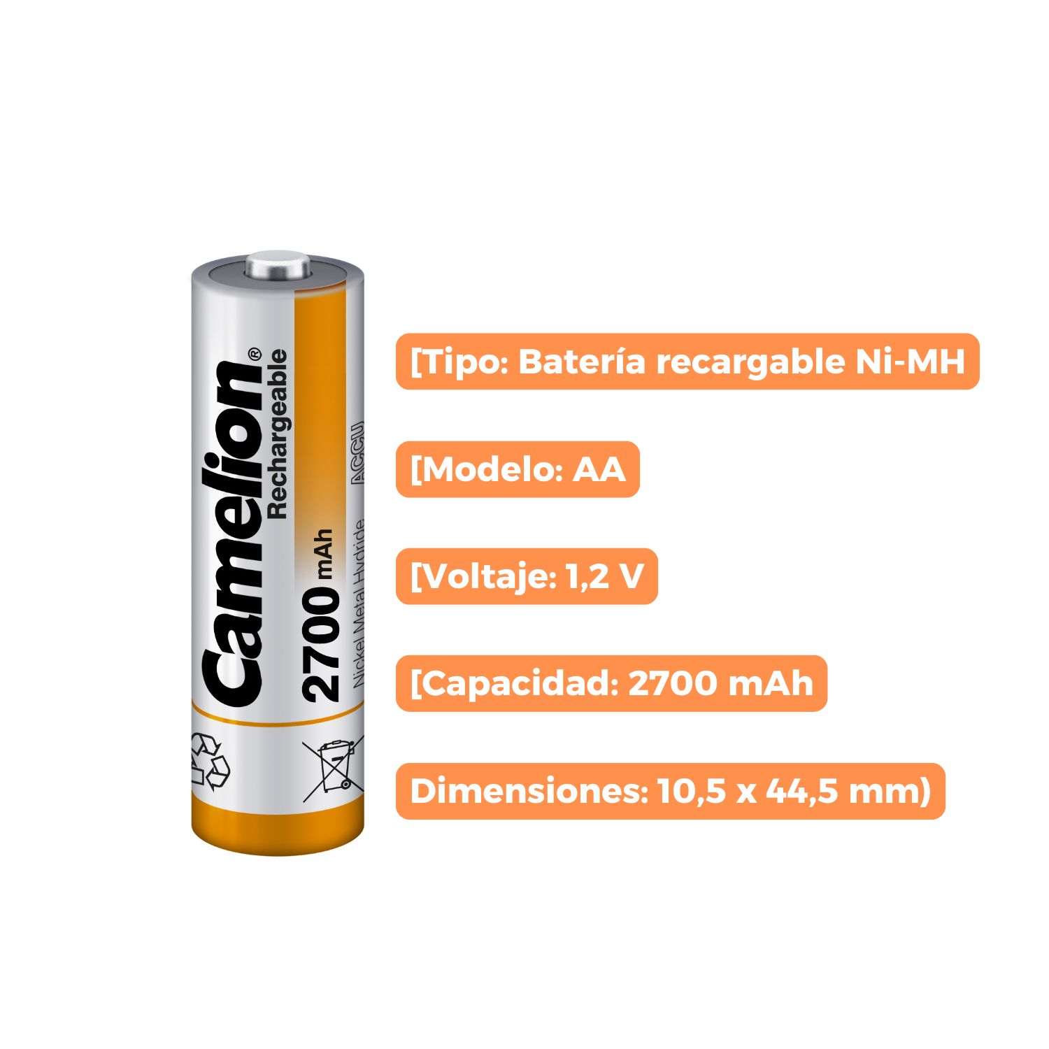 PILAS RECARGABLES AA 2700MAH CAMELION PACK 12 UNIDADES NI-MH 1.2V - 3