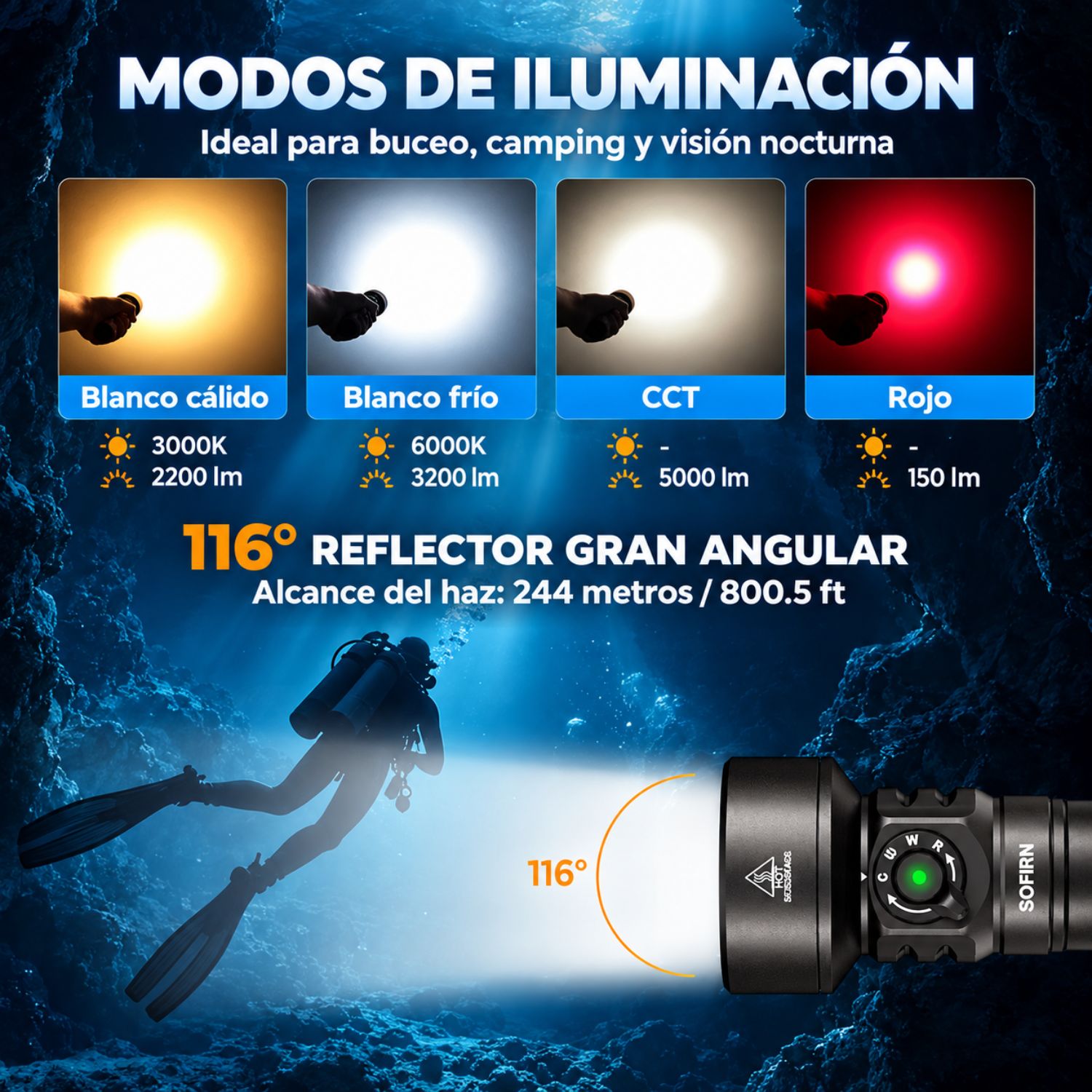 LINTERNA SUBACUÁTICA RECARGABLE USB-C 5000 LÚMENES 7500MAH IPX8 LUZ ROJA Y CCT - 2