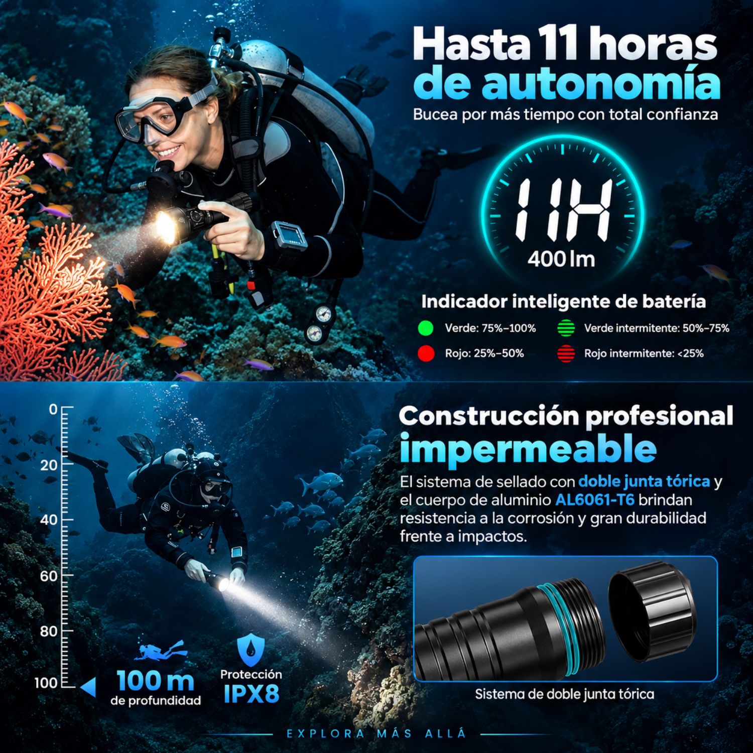 LINTERNA SUBACUÁTICA RECARGABLE USB-C 5000 LÚMENES 7500MAH IPX8 LUZ ROJA Y CCT - 6