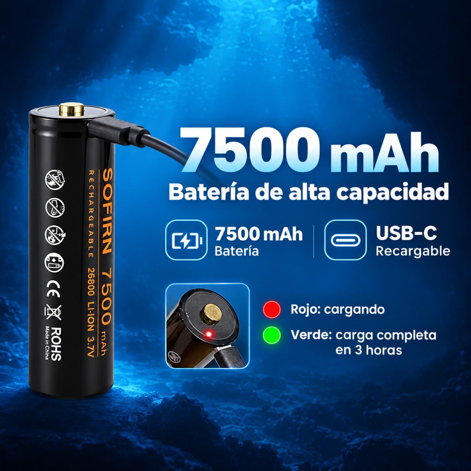 LINTERNA SUBACUÁTICA RECARGABLE USB-C 5000 LÚMENES 7500MAH IPX8 LUZ ROJA Y CCT - 7