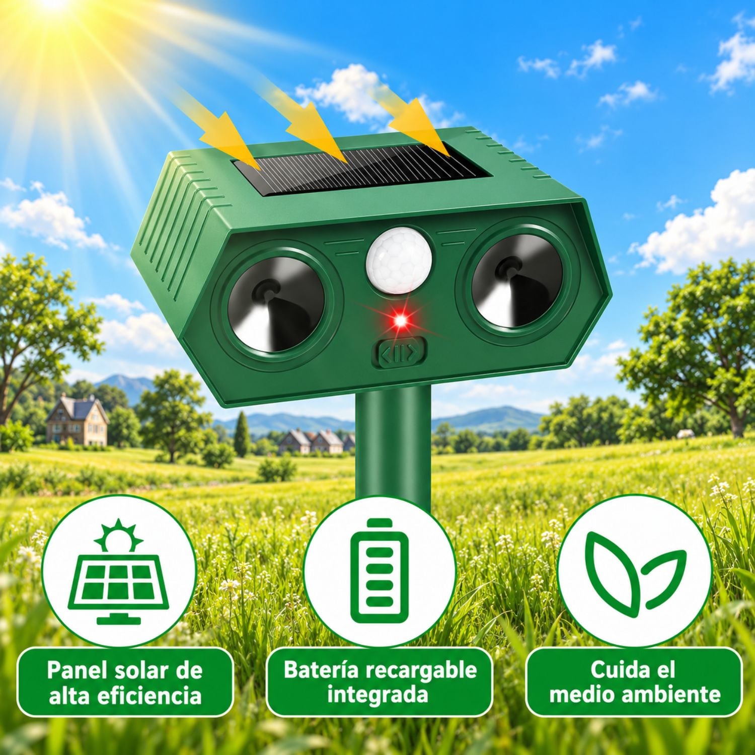 AHUYENTADOR SOLAR PARA PERROS GATOS ROEDORES AVES Y ANIMALES CON SENSOR DE MOVIMIENTO PIR - 1
