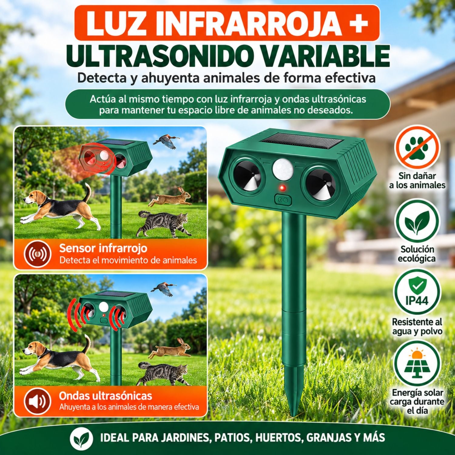 AHUYENTADOR SOLAR PARA PERROS GATOS ROEDORES AVES Y ANIMALES CON SENSOR DE MOVIMIENTO PIR - 3