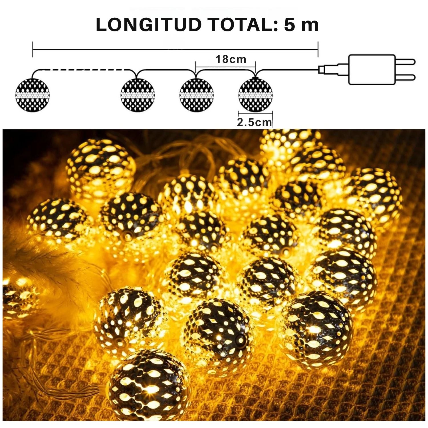 LUCES LED DECORATIVAS ESTILO ORIENTAL CON ESFERAS METÁLICAS 5 METROS – IDEAL PARA HOGAR, JARDÍN Y EVENTOS - 8