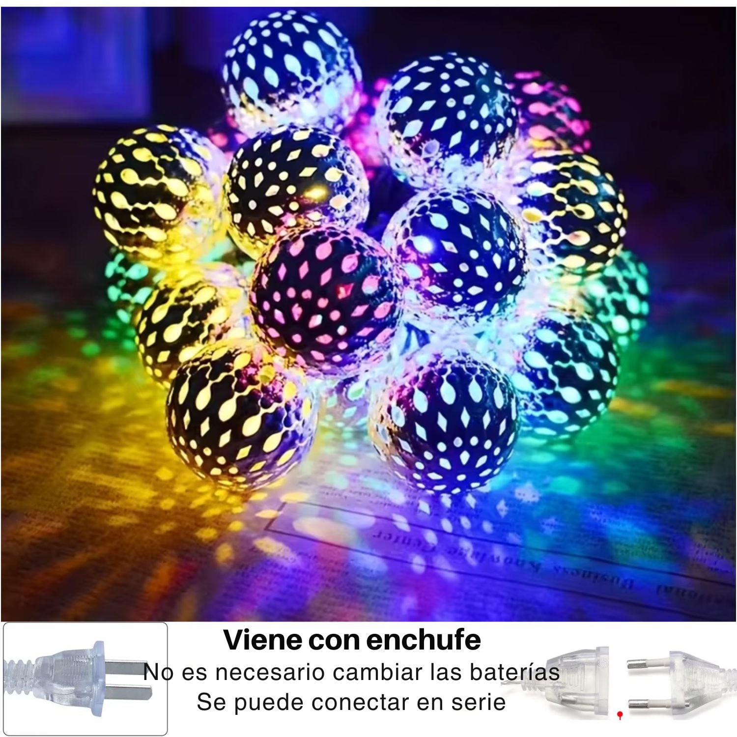 GUIRNALDA DE ESFERAS METÁLICAS LED MULTICOLOR CON CABLE TRANSPARENTE 5 M - 9