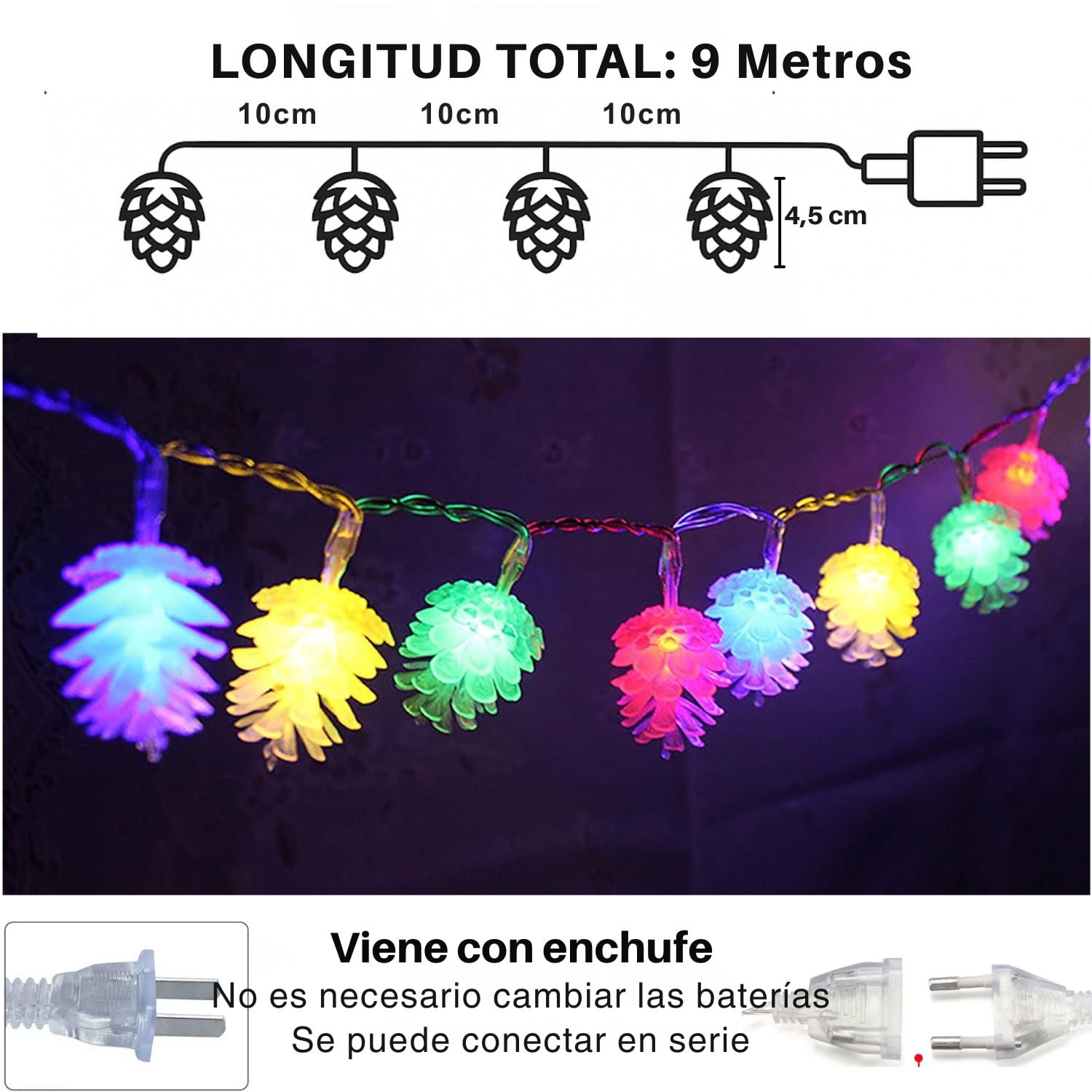 LUCES NAVIDAD 9M 80 LED PIÑITAS ARTEZA BAJO CONSUMO CON MÚSICA Y CONEXIÓN EN SERIE - 7
