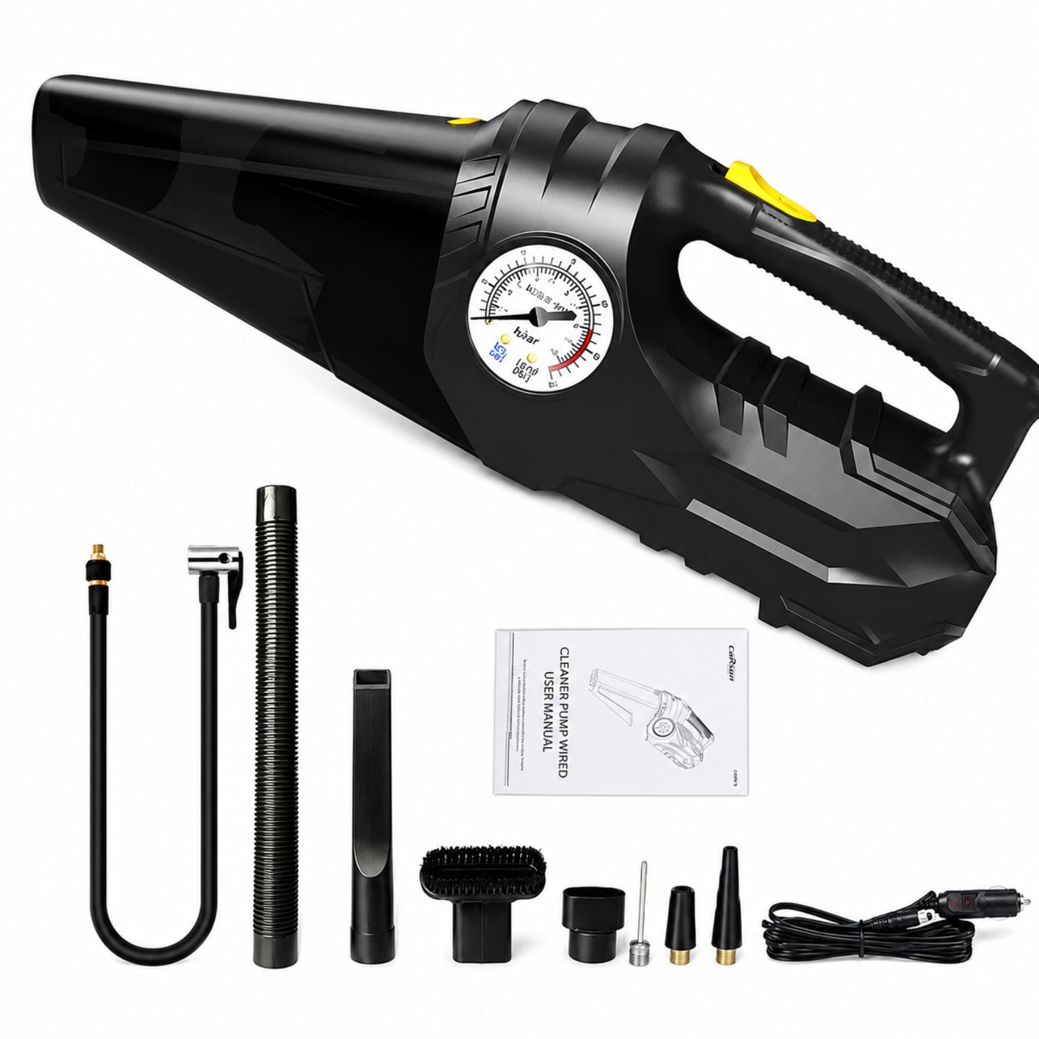 ASPIRADORA E INFLADOR 2 EN 1 PARA AUTO CARSUN 12V 150 PSI 100W CON MANÓMETRO Y ACCESORIOS - 1