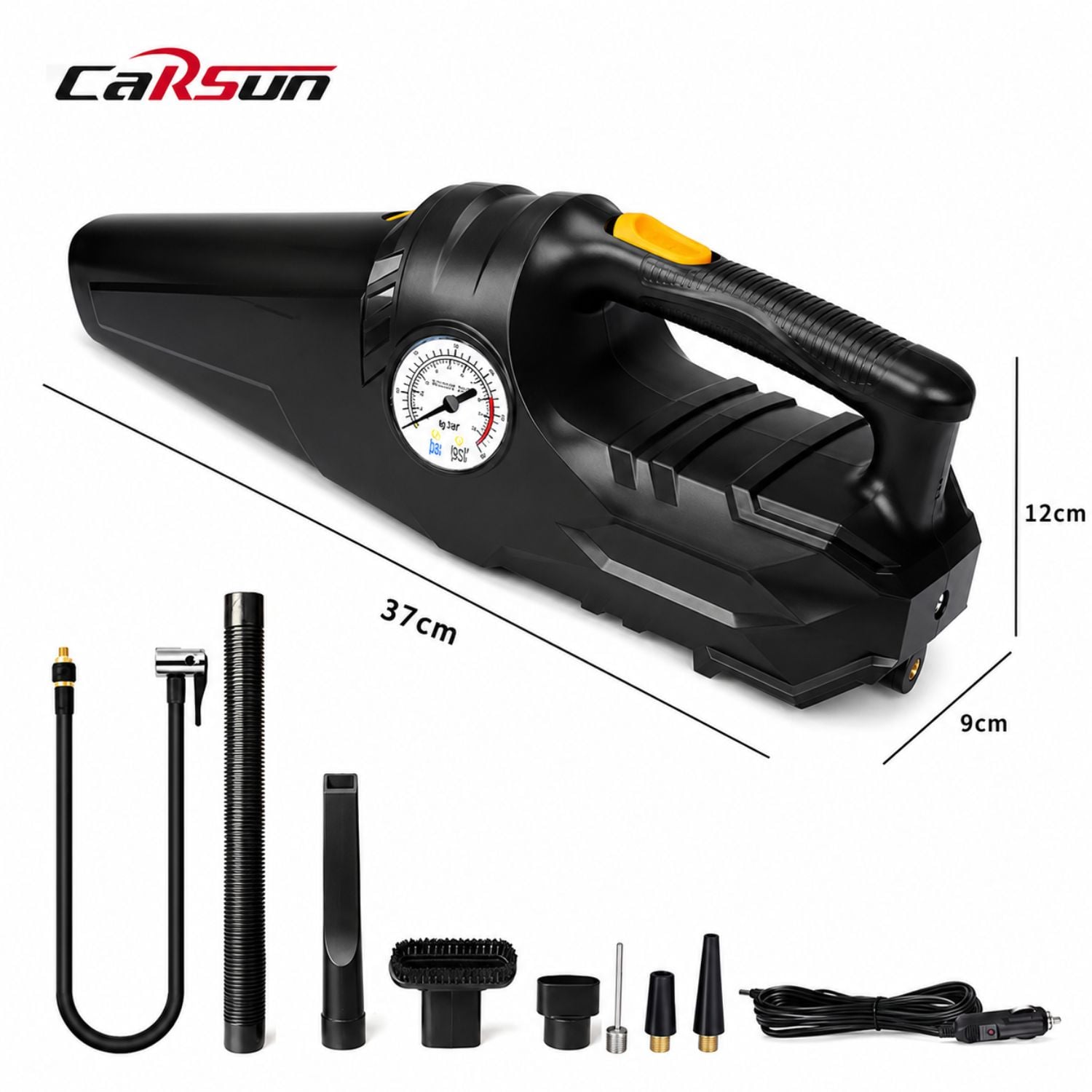 ASPIRADORA E INFLADOR 2 EN 1 PARA AUTO CARSUN 12V 150 PSI 100W CON MANÓMETRO Y ACCESORIOS - 2