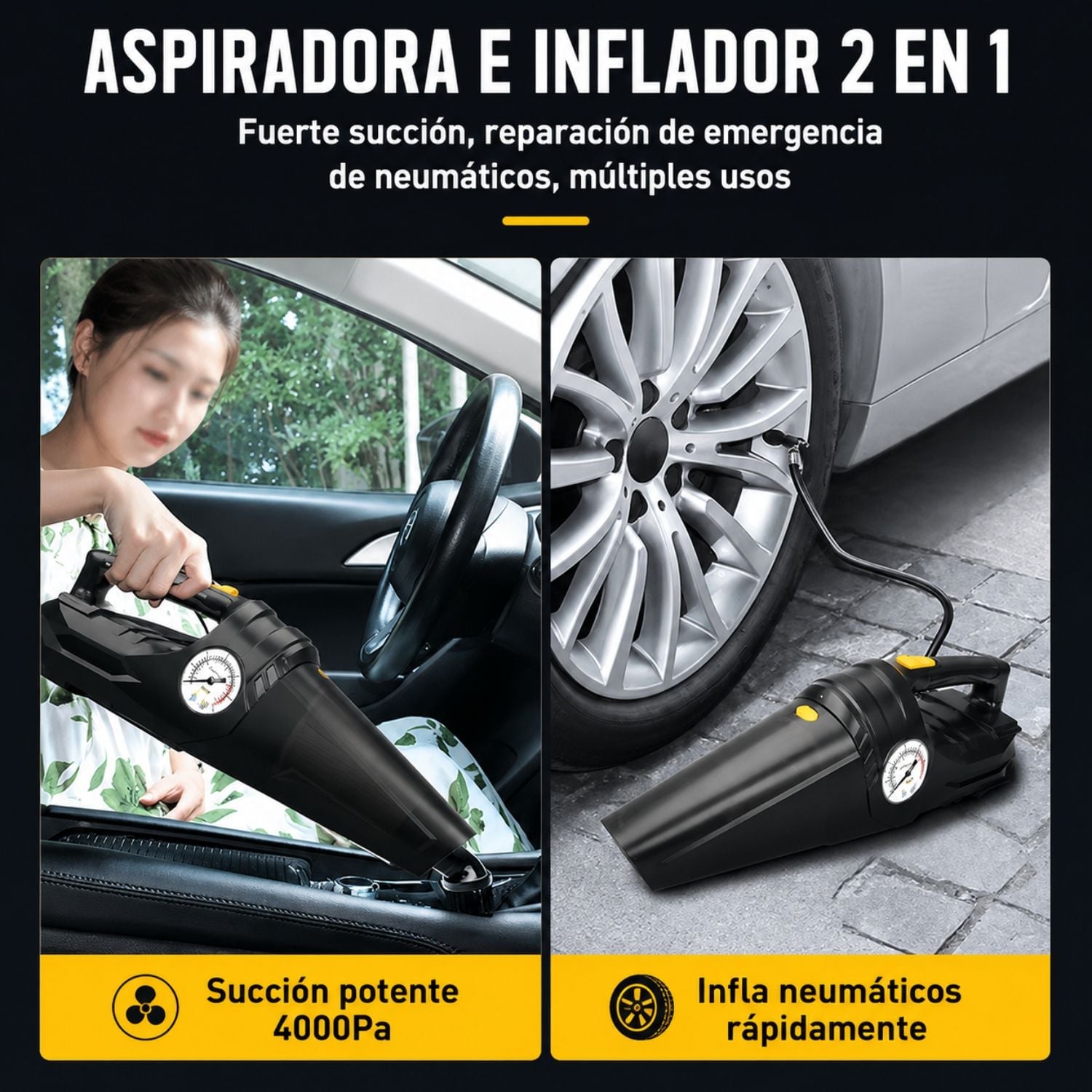 ASPIRADORA E INFLADOR 2 EN 1 PARA AUTO CARSUN 12V 150 PSI 100W CON MANÓMETRO Y ACCESORIOS - 3