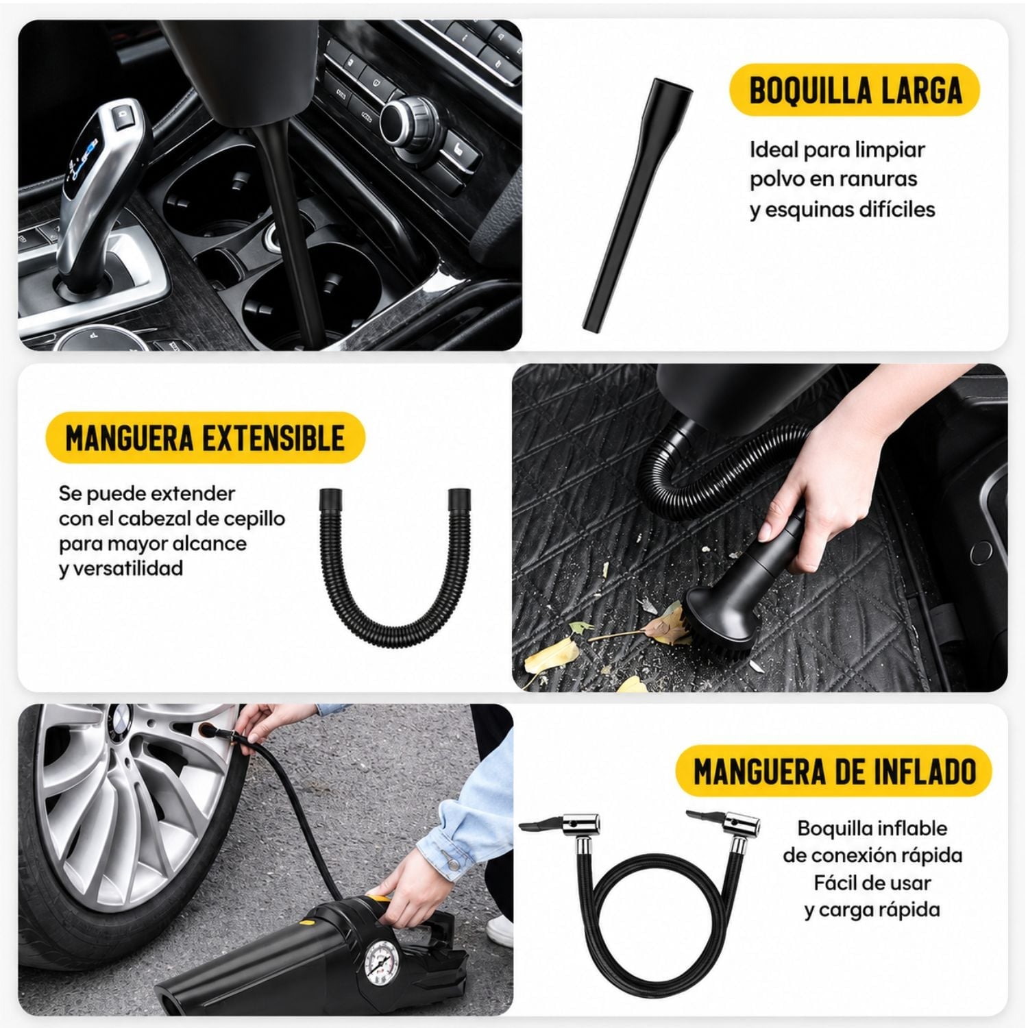 ASPIRADORA E INFLADOR 2 EN 1 PARA AUTO CARSUN 12V 150 PSI 100W CON MANÓMETRO Y ACCESORIOS - 4