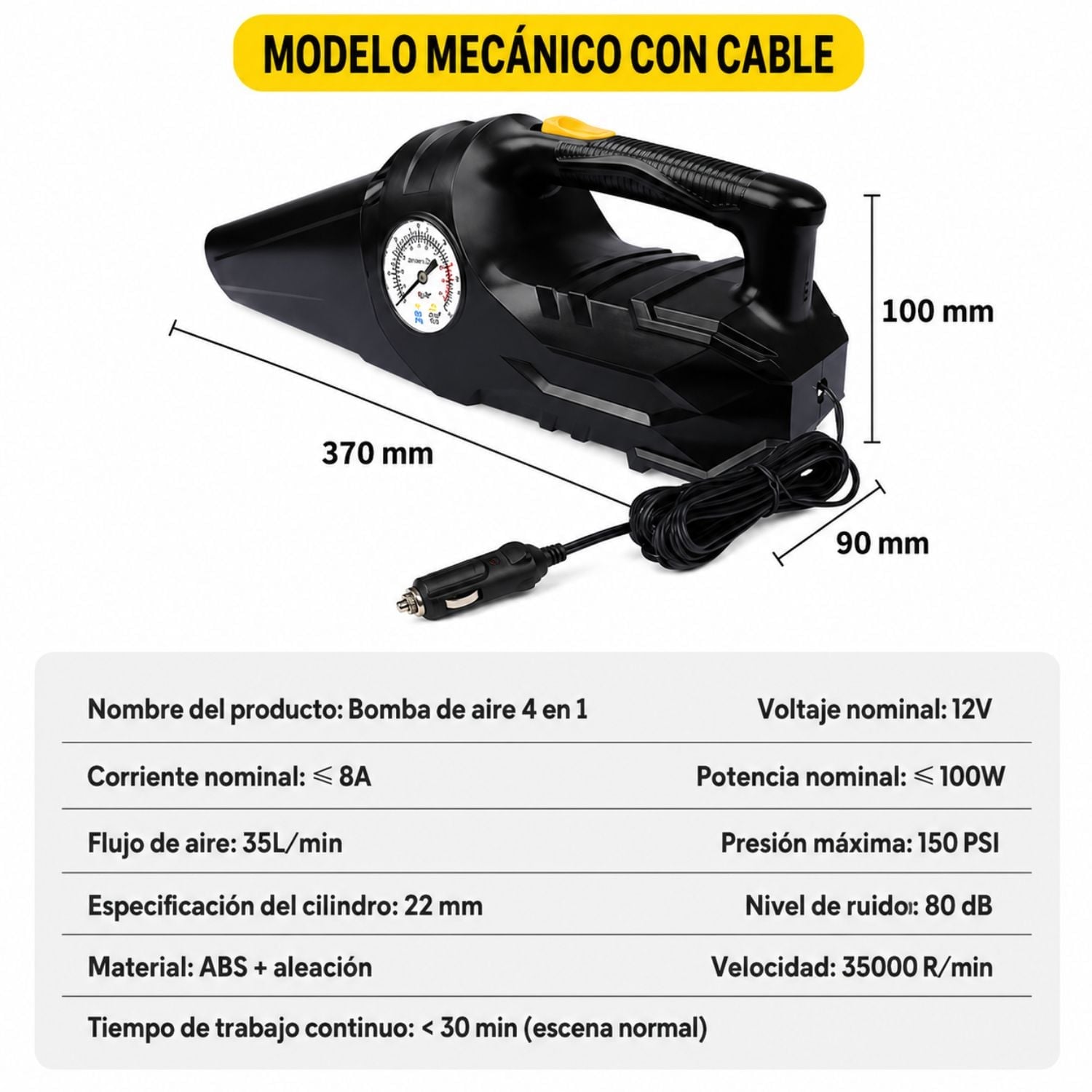 ASPIRADORA E INFLADOR 2 EN 1 PARA AUTO CARSUN 12V 150 PSI 100W CON MANÓMETRO Y ACCESORIOS - 5