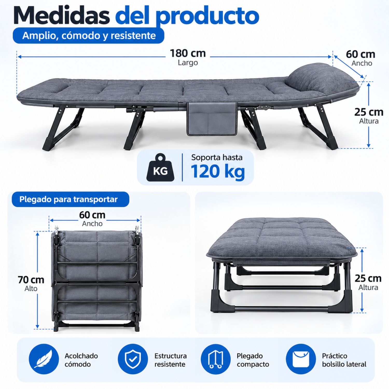CAMA CATRE PLEGABLE RECLINABLE PARA ADULTO CAMPING 6 POSICIONES 120KG TELA OXFORD - 2