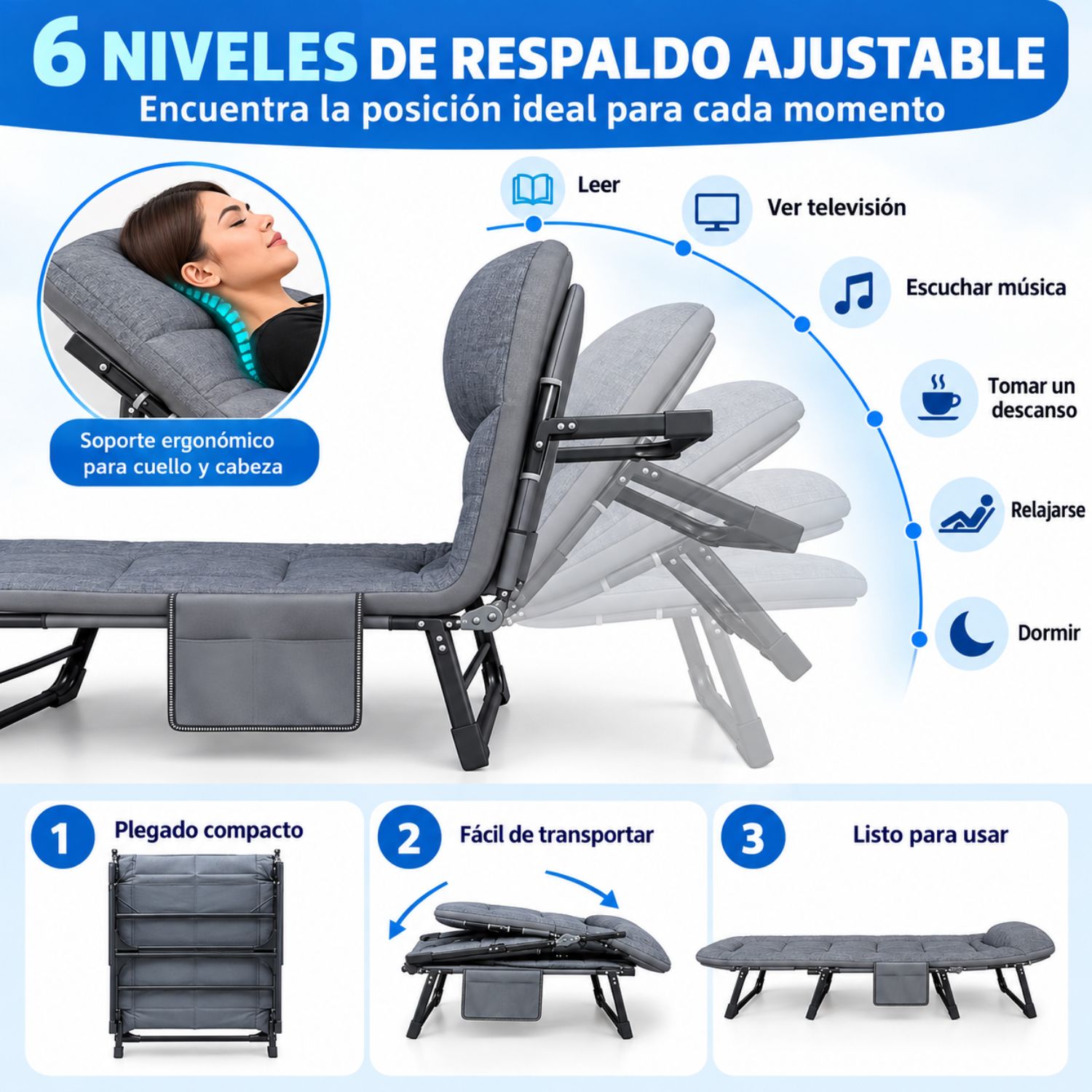 CAMA CATRE PLEGABLE RECLINABLE PARA ADULTO CAMPING 6 POSICIONES 120KG TELA OXFORD - 3