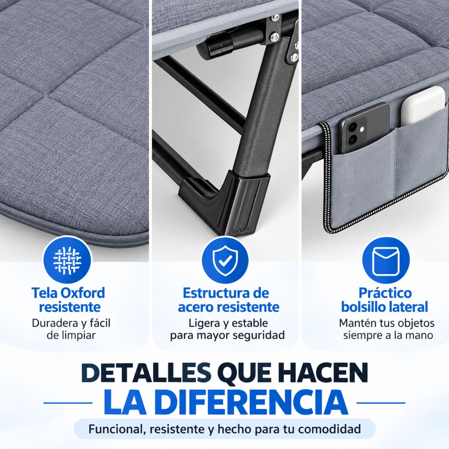 CAMA CATRE PLEGABLE RECLINABLE PARA ADULTO CAMPING 6 POSICIONES 120KG TELA OXFORD - 4