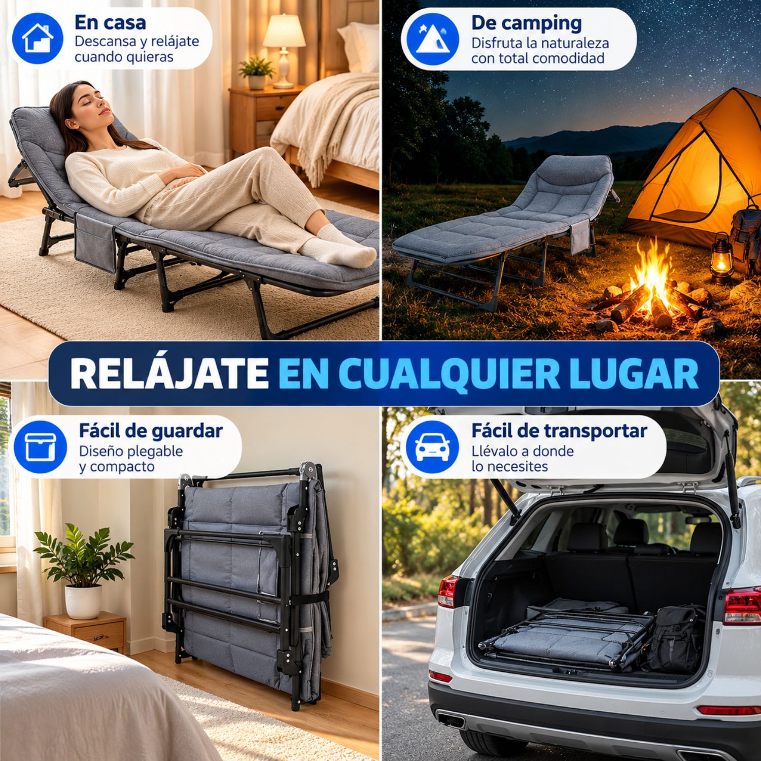 CAMA CATRE PLEGABLE RECLINABLE PARA ADULTO CAMPING 6 POSICIONES 120KG TELA OXFORD - 7