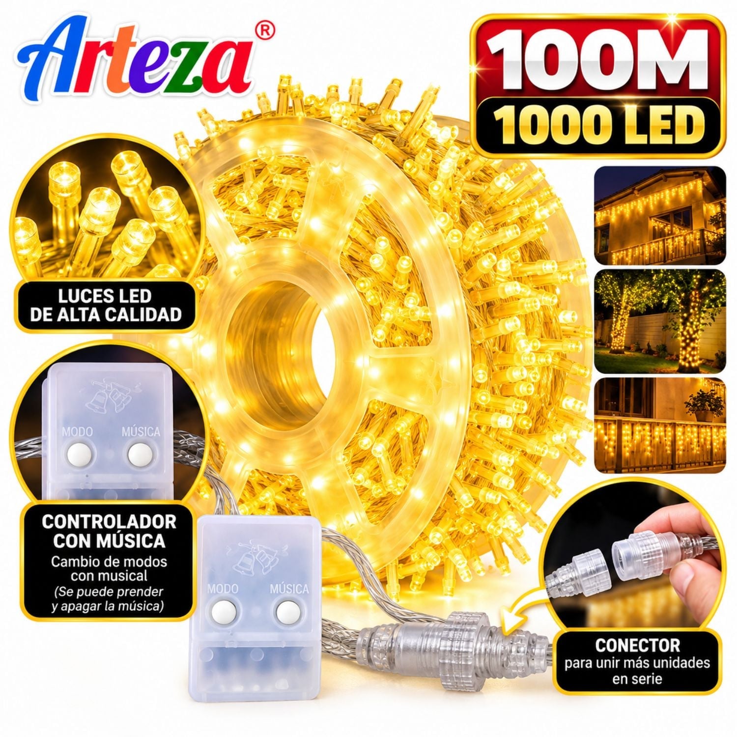 GUIRNALDA DE LUCES LED 100M 1000 LUCES BLANCO CÁLIDO CON CONTROLADOR MUSICAL - 2