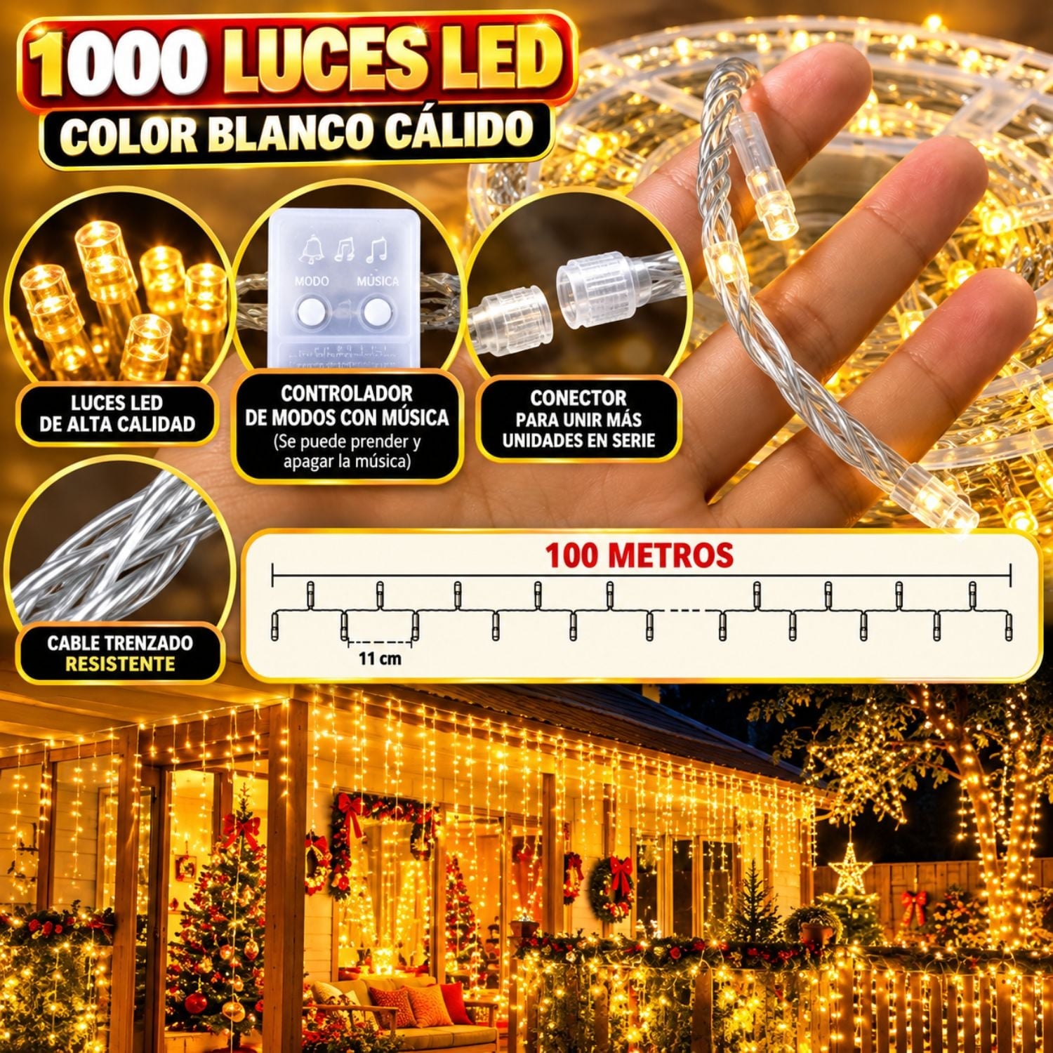 GUIRNALDA DE LUCES LED 100M 1000 LUCES BLANCO CÁLIDO CON CONTROLADOR MUSICAL - 3