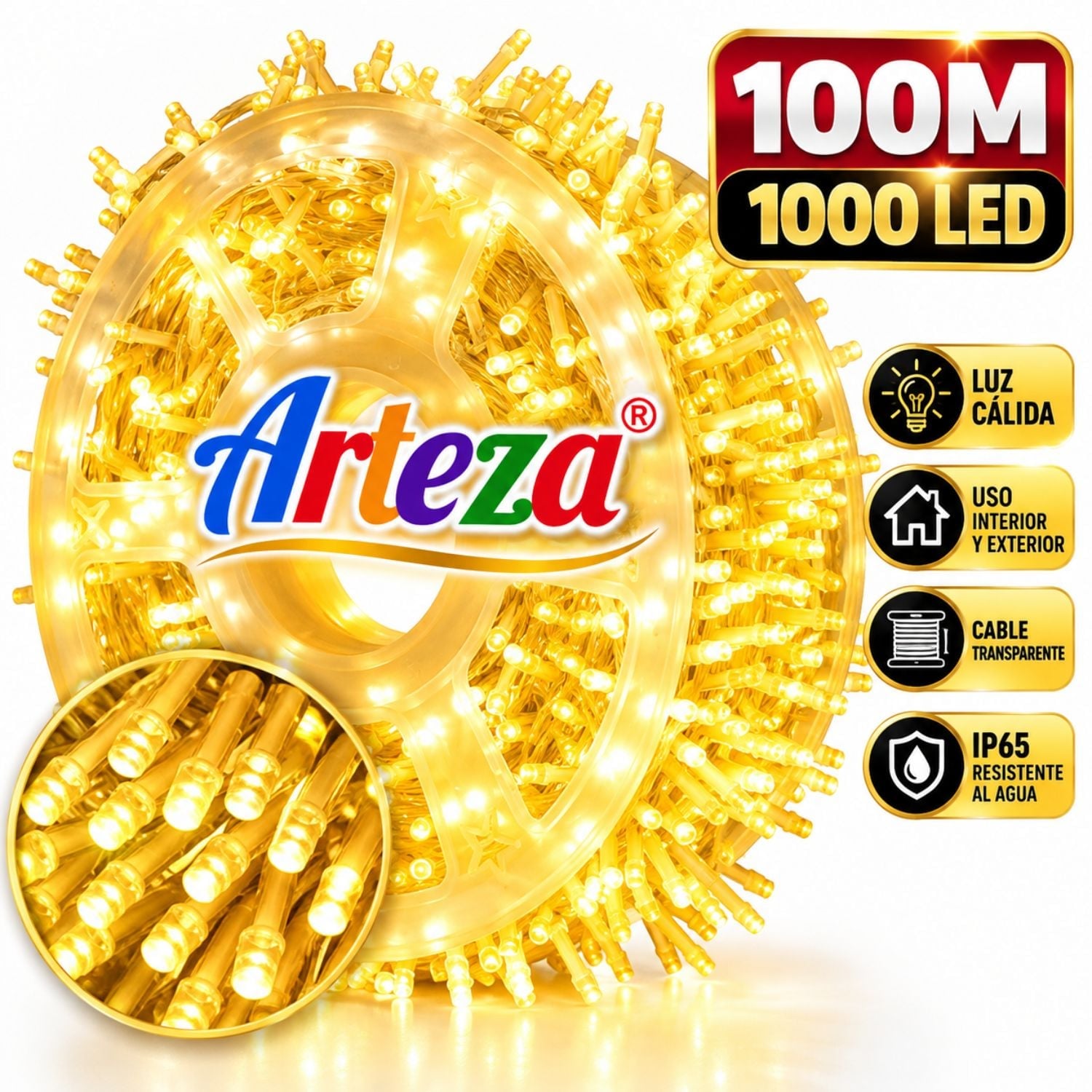 LUCES LED DECORATIVAS 100M 1000 LED BLANCO CÁLIDO MUSICAL CABLE TRANSPARENTE - 1