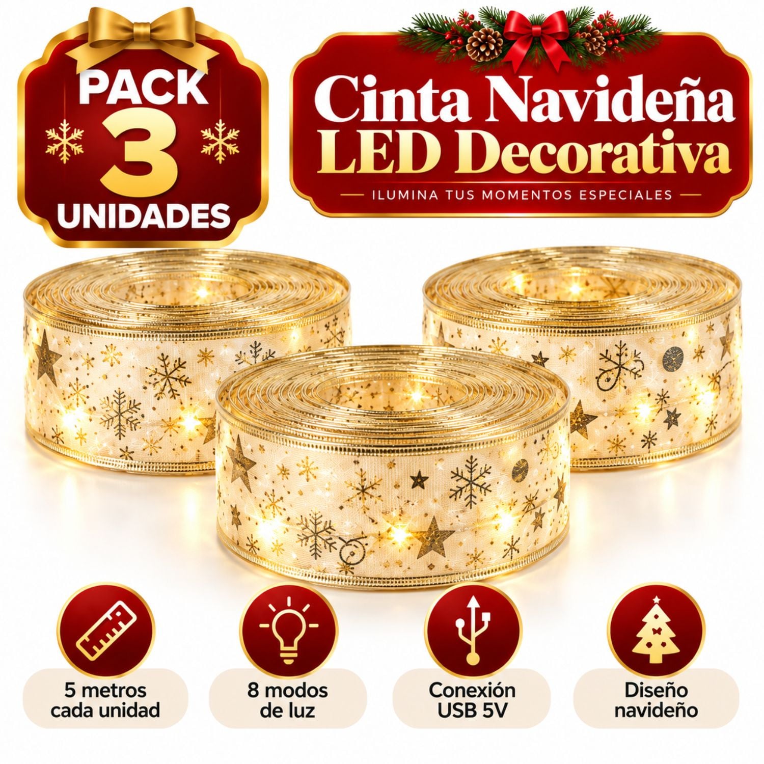 PACK X3 CINTA LED NAVIDEÑA 5 METROS USB 5V DORADA PARA ÁRBOL - 1
